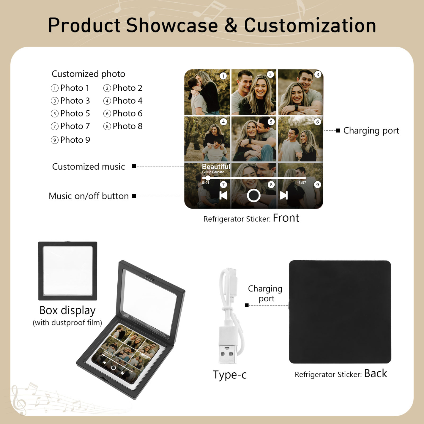 Personalized Photo Music Fridge Magnet with Custom 9 Photo and 1 Song Name- Cherish Memories Gift for Couple | Jessemade