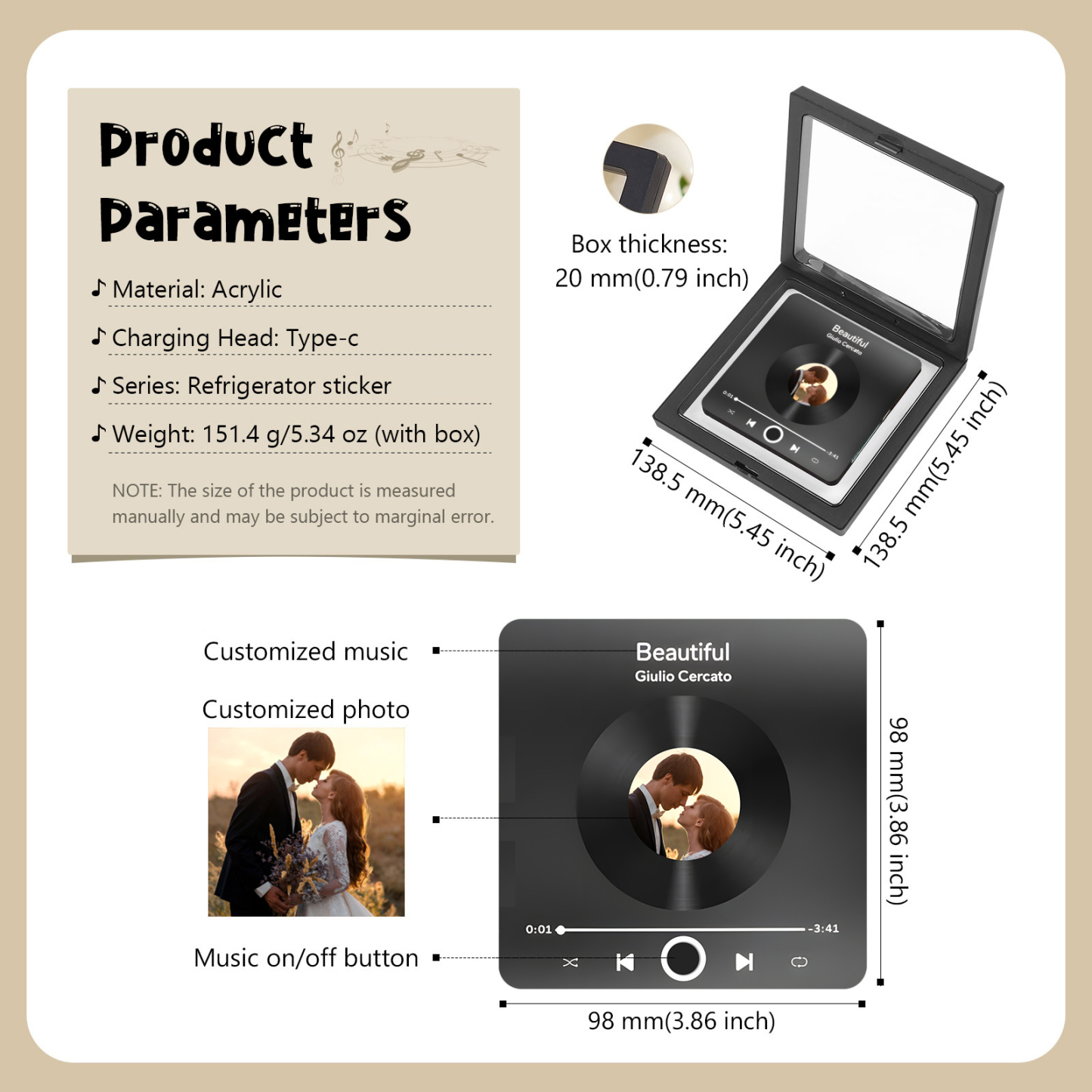 Personalized Photo Fridge Magnet with Favorite Song – Elegant Gift for Couples in Black or Color | Jessemade