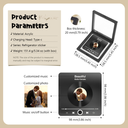 Personalized Photo Fridge Magnet with Favorite Song – Elegant Gift for Couples in Black or Color | Jessemade