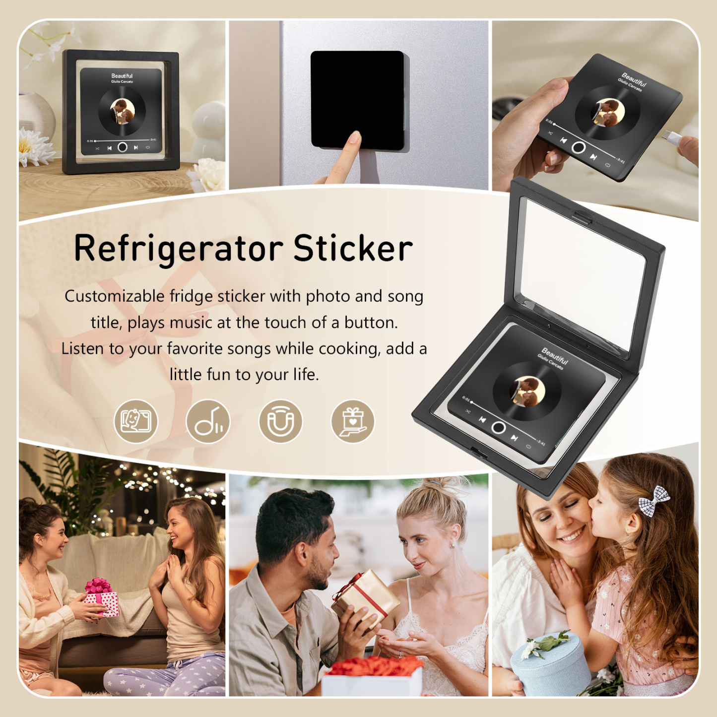 Personalized Photo Fridge Magnet with Favorite Song – Elegant Gift for Couples in Black or Color | Jessemade