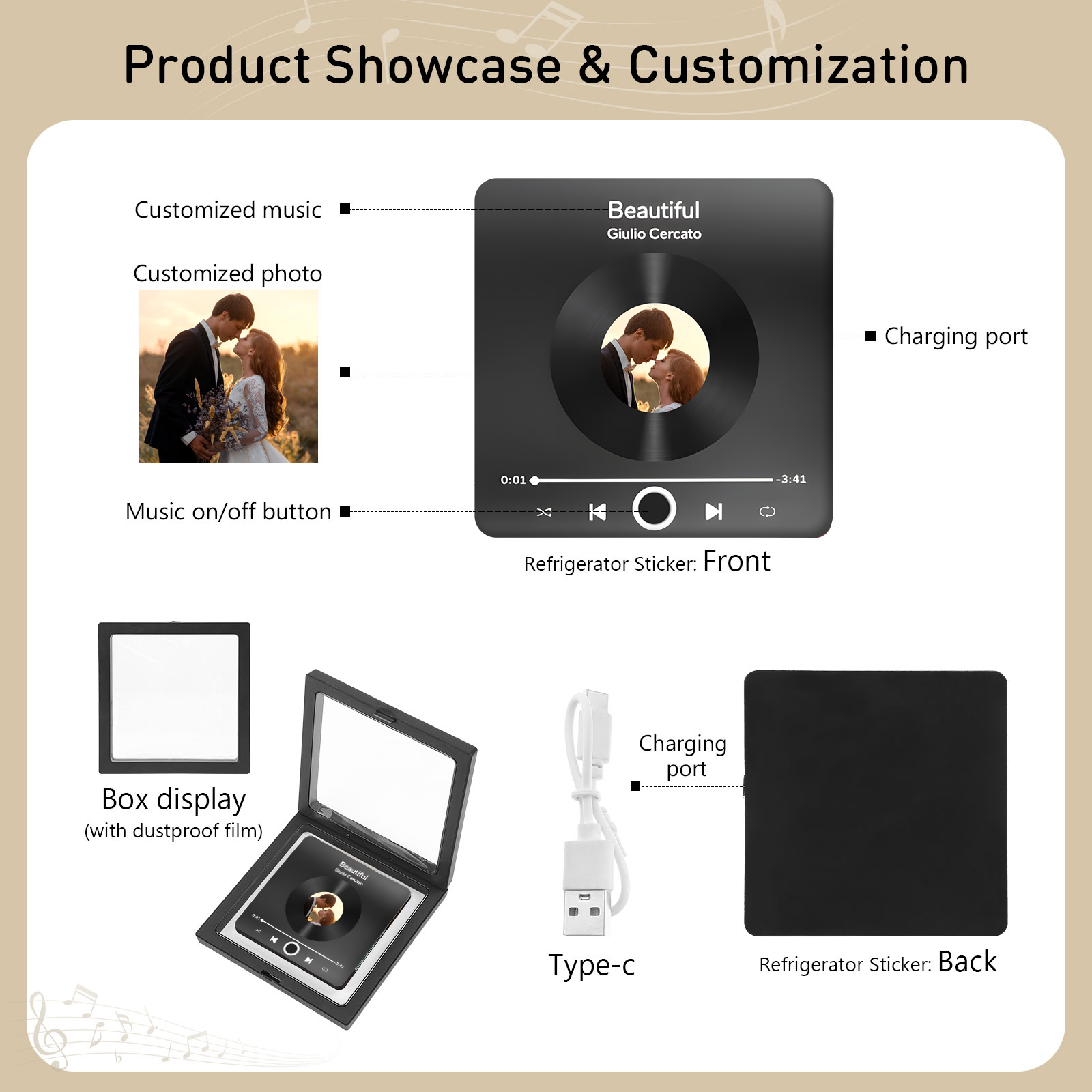 Personalized Photo Fridge Magnet with Favorite Song – Elegant Gift for Couples in Black or Color | Jessemade