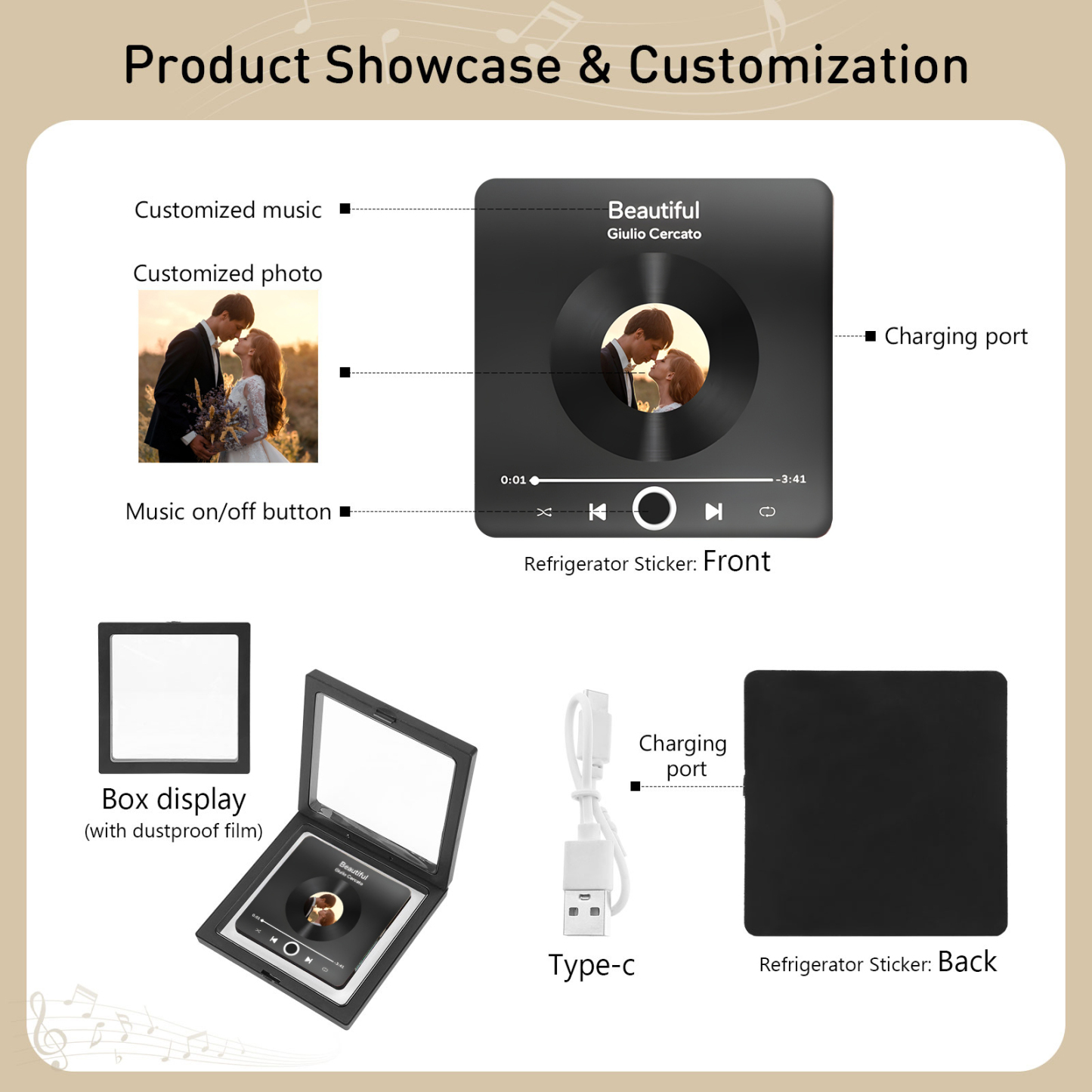 Personalized Photo Fridge Magnet with Favorite Song – Elegant Gift for Couples in Black or Color | Jessemade