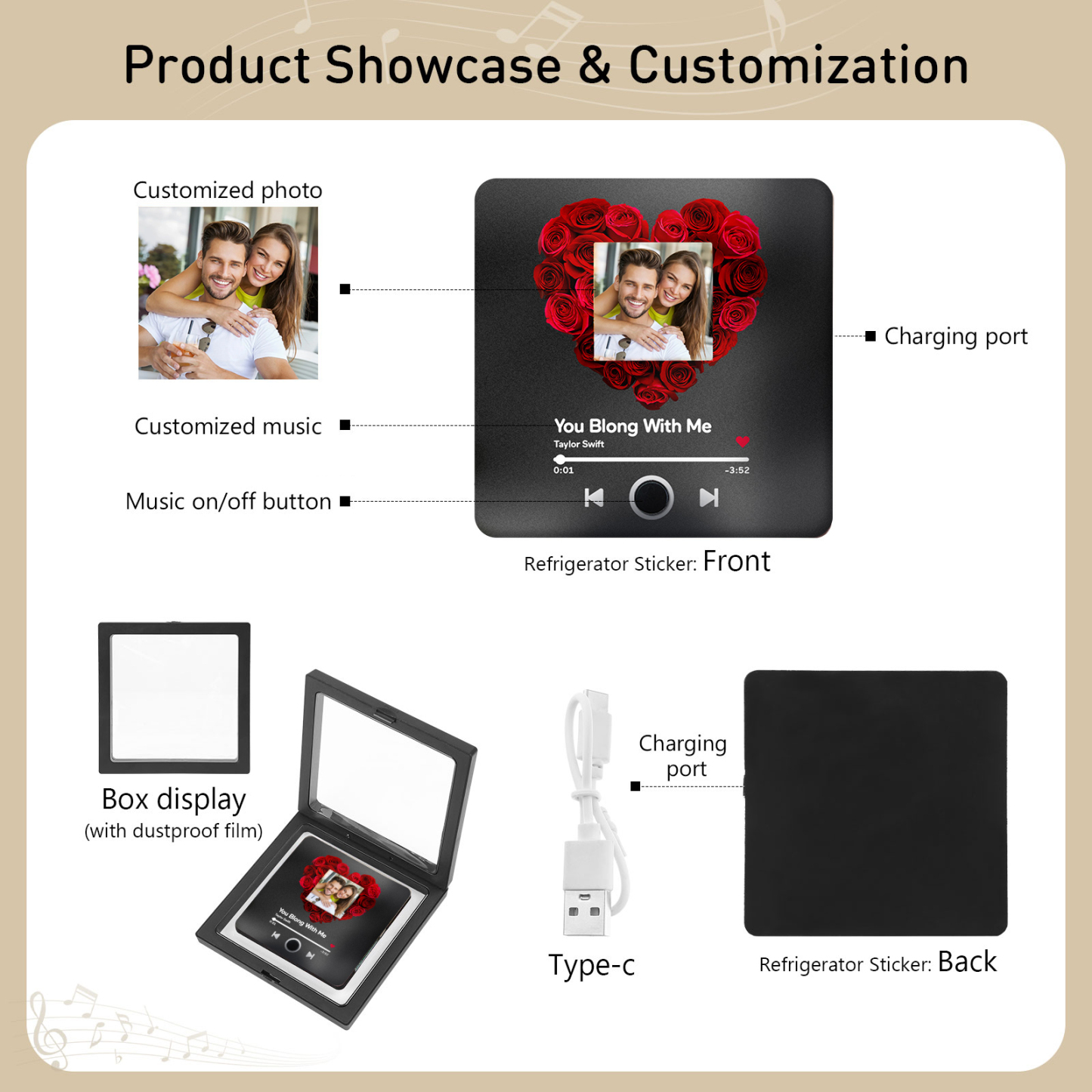 Personalized Photo Fridge Magnet with Favorite Song – Elegant Gift for Couples in Black/Color/Matt Black/Red | Jessemade