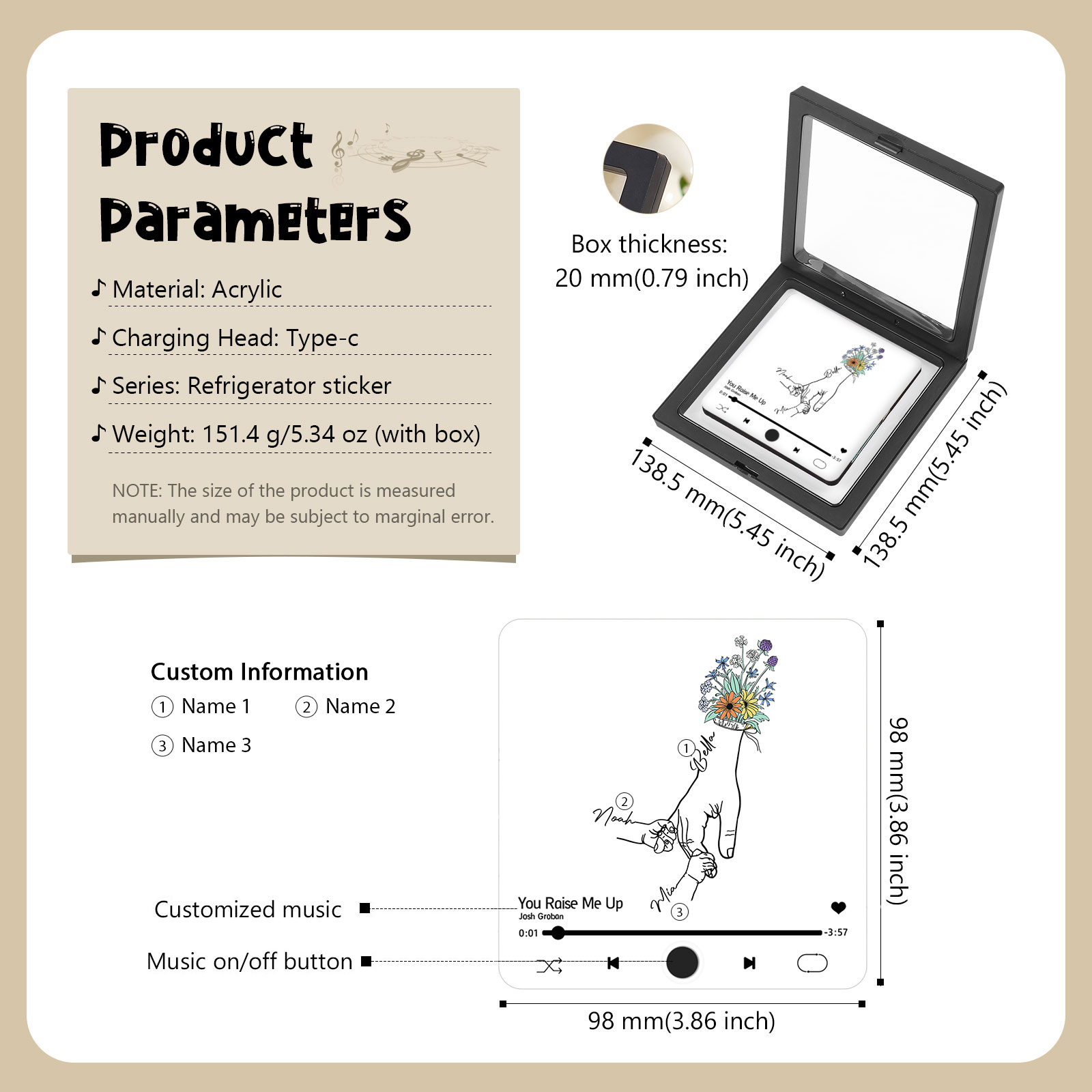 Personalized Hand-Holding Refrigerator Sticker with Custom 3 Names and Music Thoughtful Gift for Mum | Jessemade