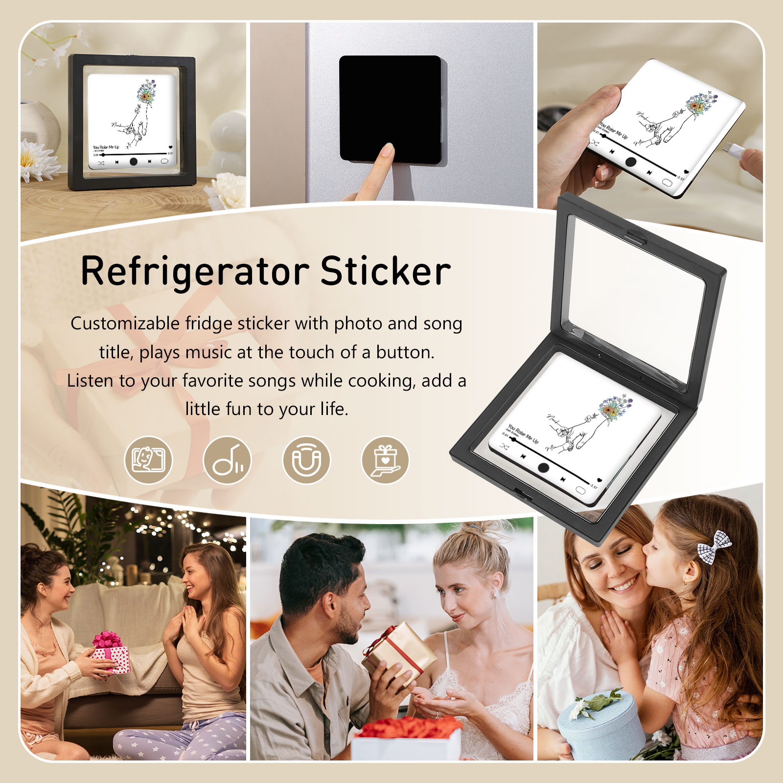 Personalized Hand-Holding Refrigerator Sticker with Custom 3 Names and Music Thoughtful Gift for Mum | Jessemade