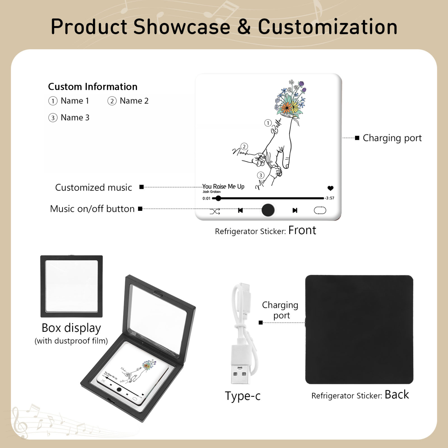 Personalized Hand-Holding Refrigerator Sticker with Custom 3 Names and Music Thoughtful Gift for Mum | Jessemade