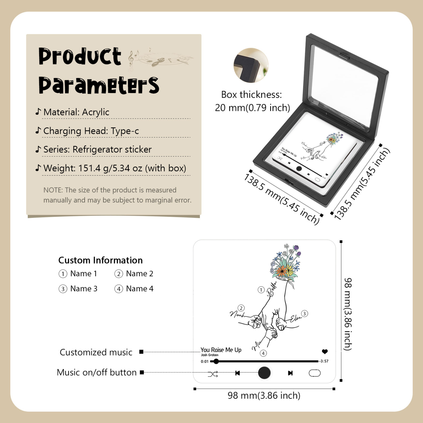 Personalized Hand-Holding Refrigerator Sticker with Custom 4 Names and Music Thoughtful Gift for Mum | Jessemade