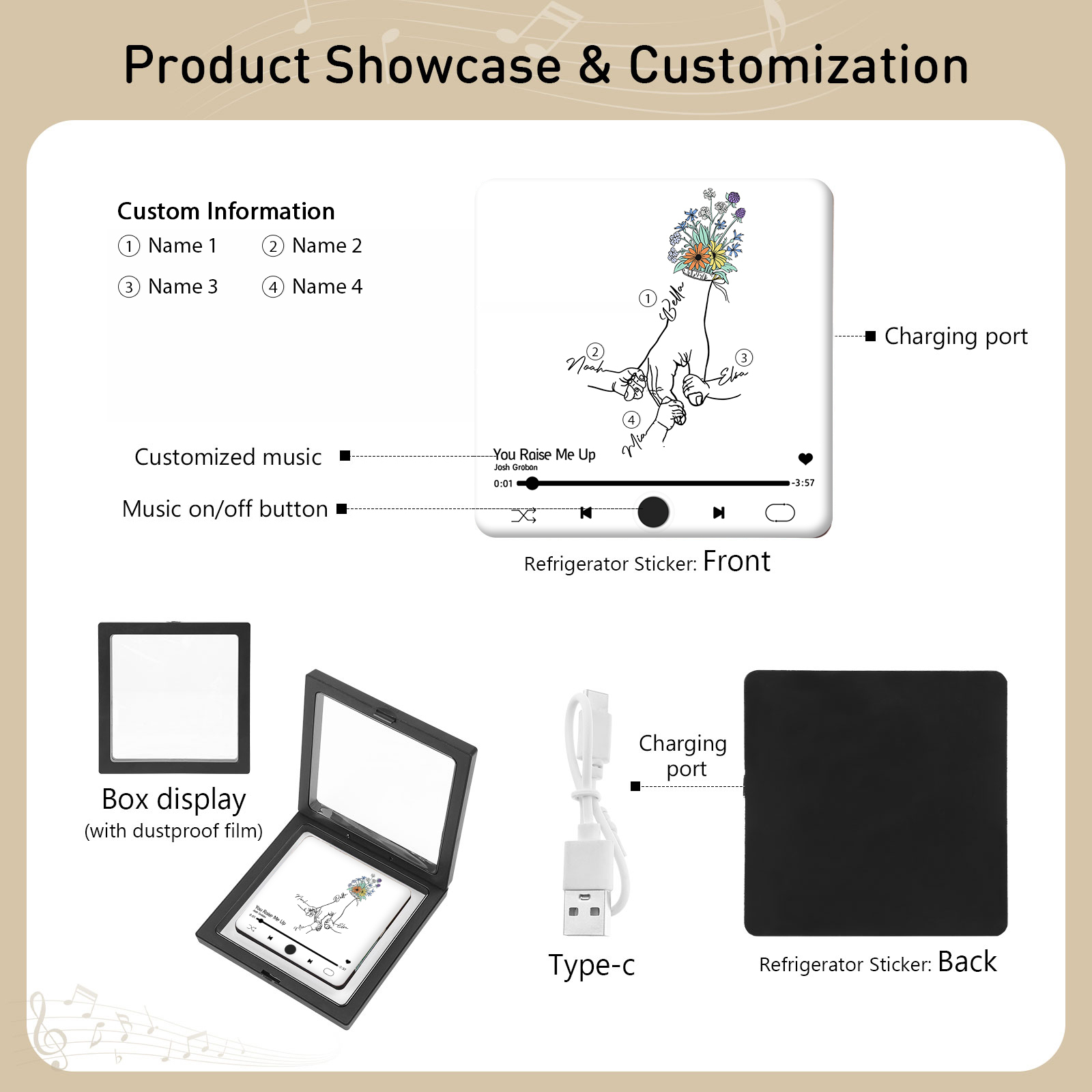 Personalized Hand-Holding Refrigerator Sticker with Custom 4 Names and Music Thoughtful Gift for Mum | Jessemade