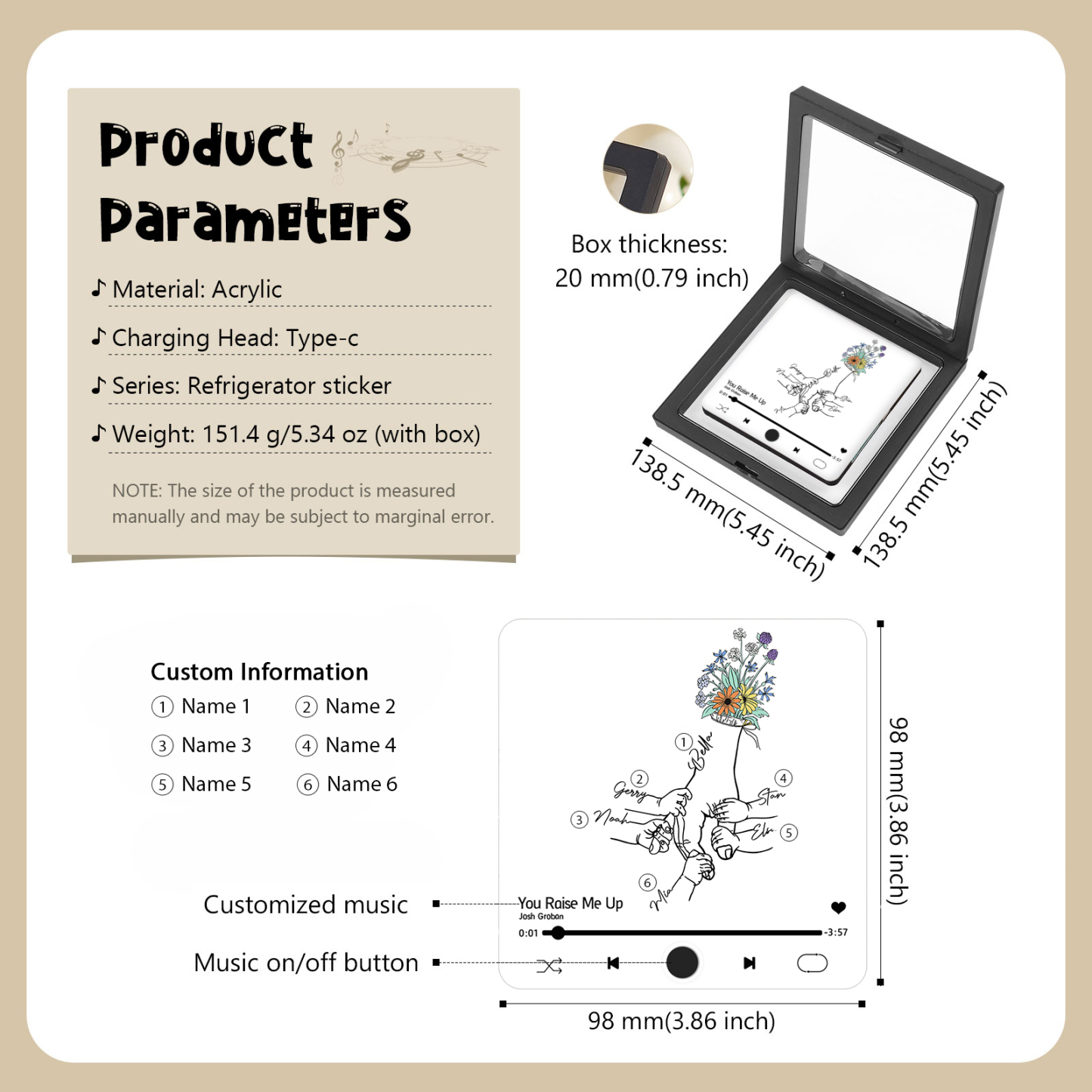 Personalized Hand-Holding Refrigerator Sticker with Custom 6 Names and Music Thoughtful Gift for Mum | Jessemade