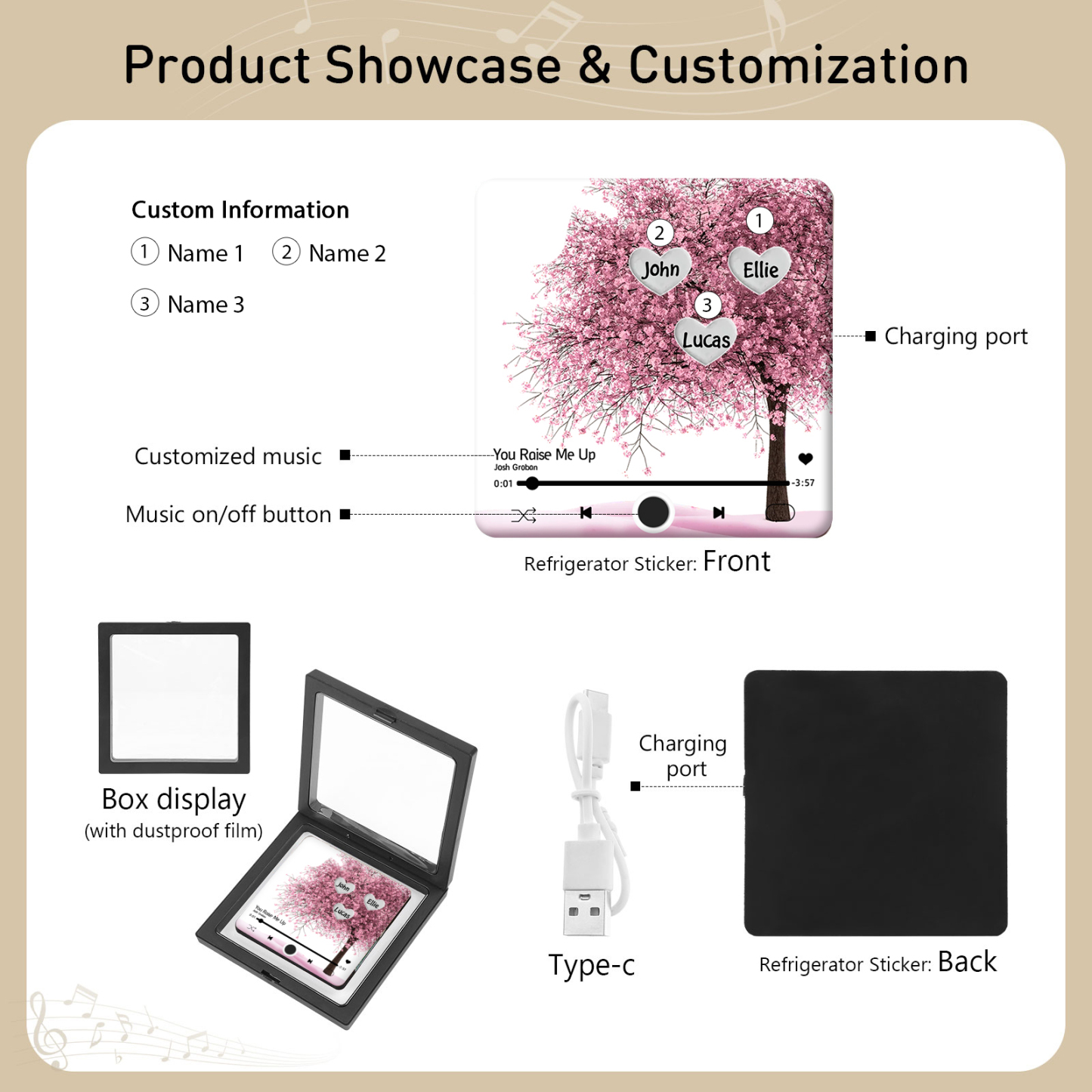 Personalized Acrylic Refrigerator Magnet with Custom 3 Names and Song Gift for Parents | Jessemade