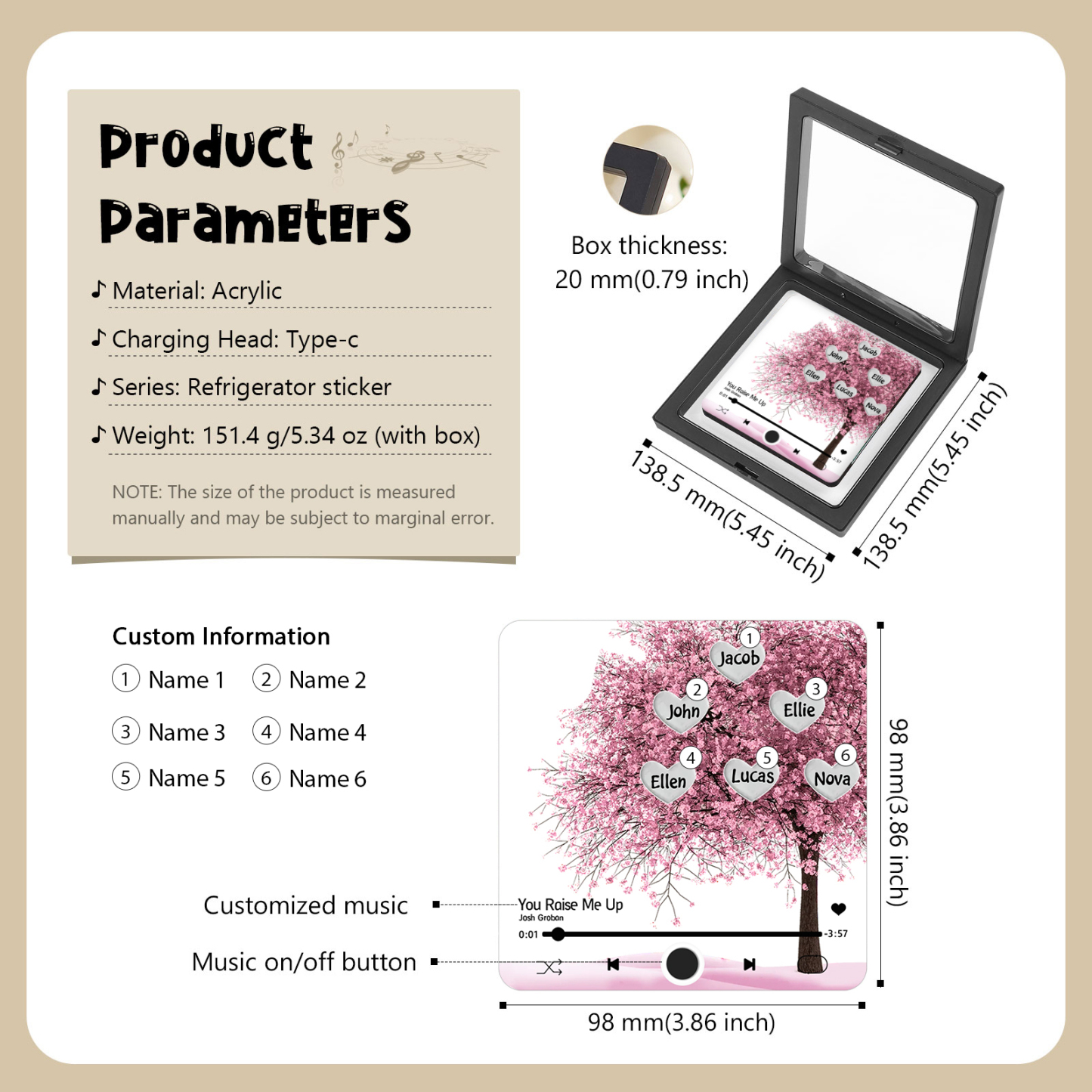 Personalized Acrylic Refrigerator Magnet with Custom 6 Names and Song Gift for Parents | Jessemade