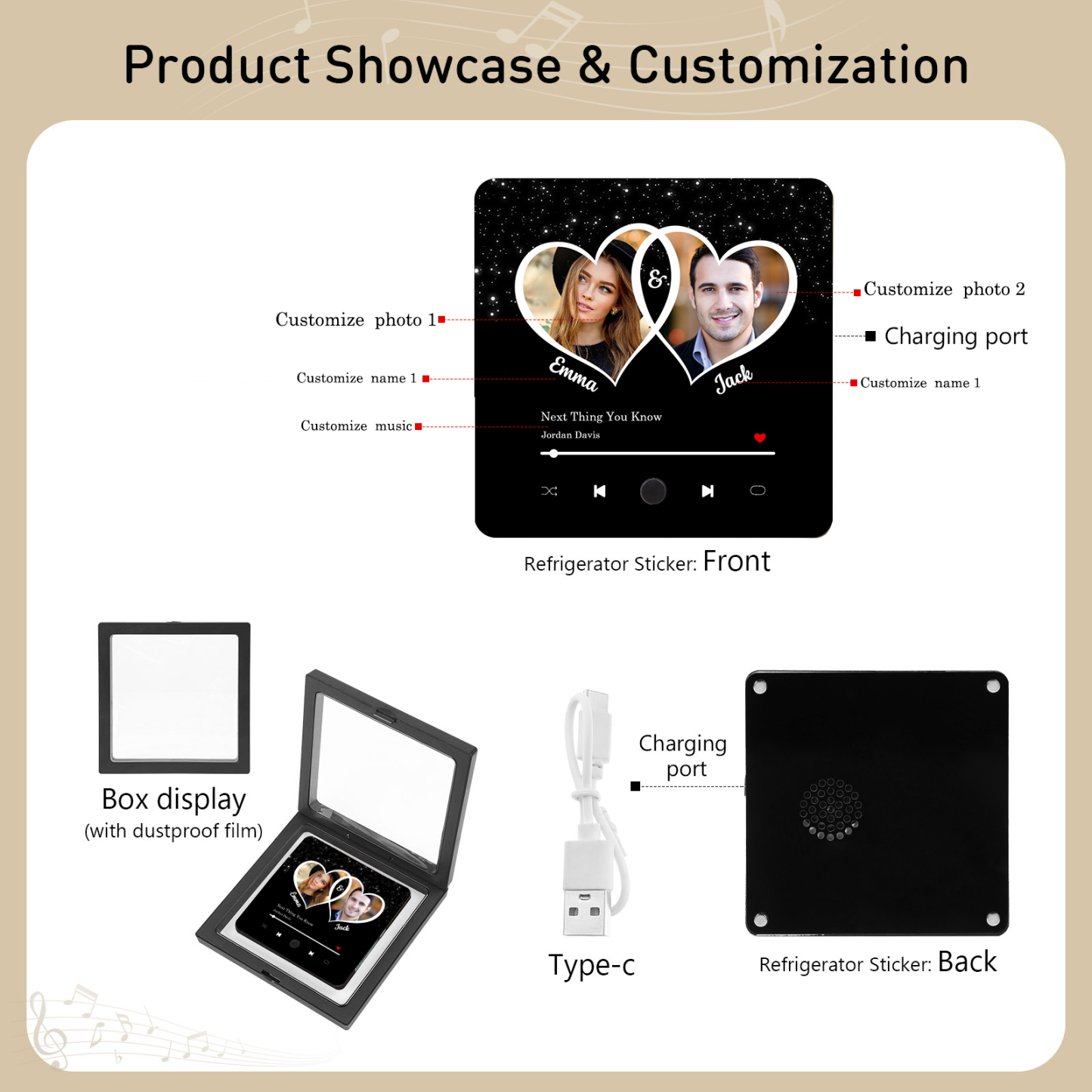 Personalized Music Refrigerator Magnet with 2 Photos and 2 Names – Valentine’s Day Gift for Him/Her | Jessemade