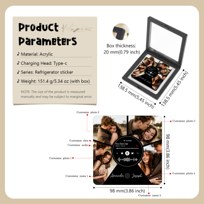 Personalized Music Refrigerator Sticker with 4 Photos, 2 Names, 1 Date, and Favorite Song – Valentine's Day Gift for Him/Her | Jessemade