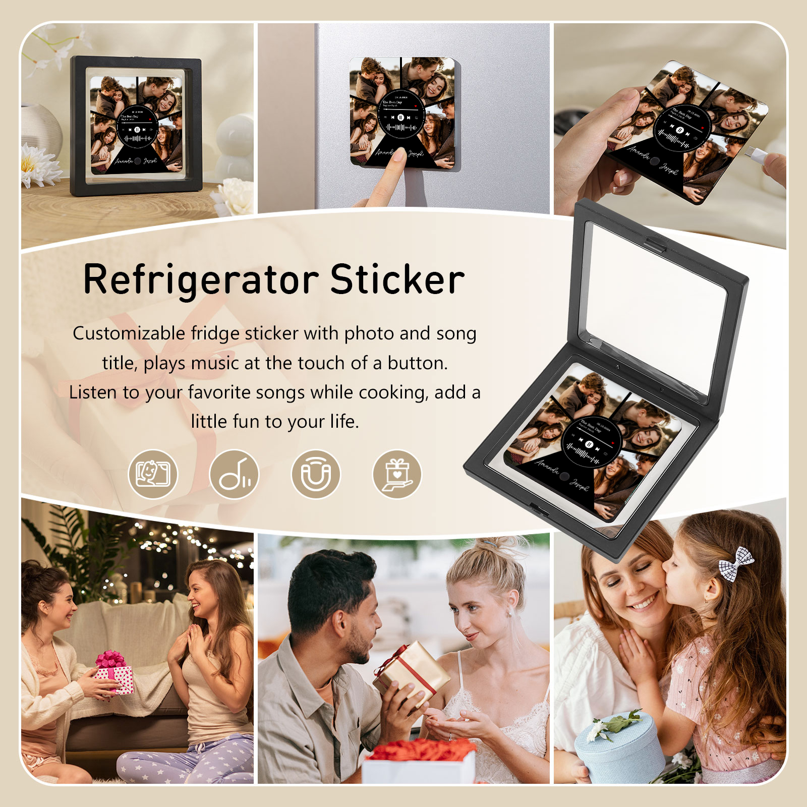 Personalized Music Refrigerator Sticker with 4 Photos, 2 Names, 1 Date, and Favorite Song – Valentine's Day Gift for Him/Her | Jessemade