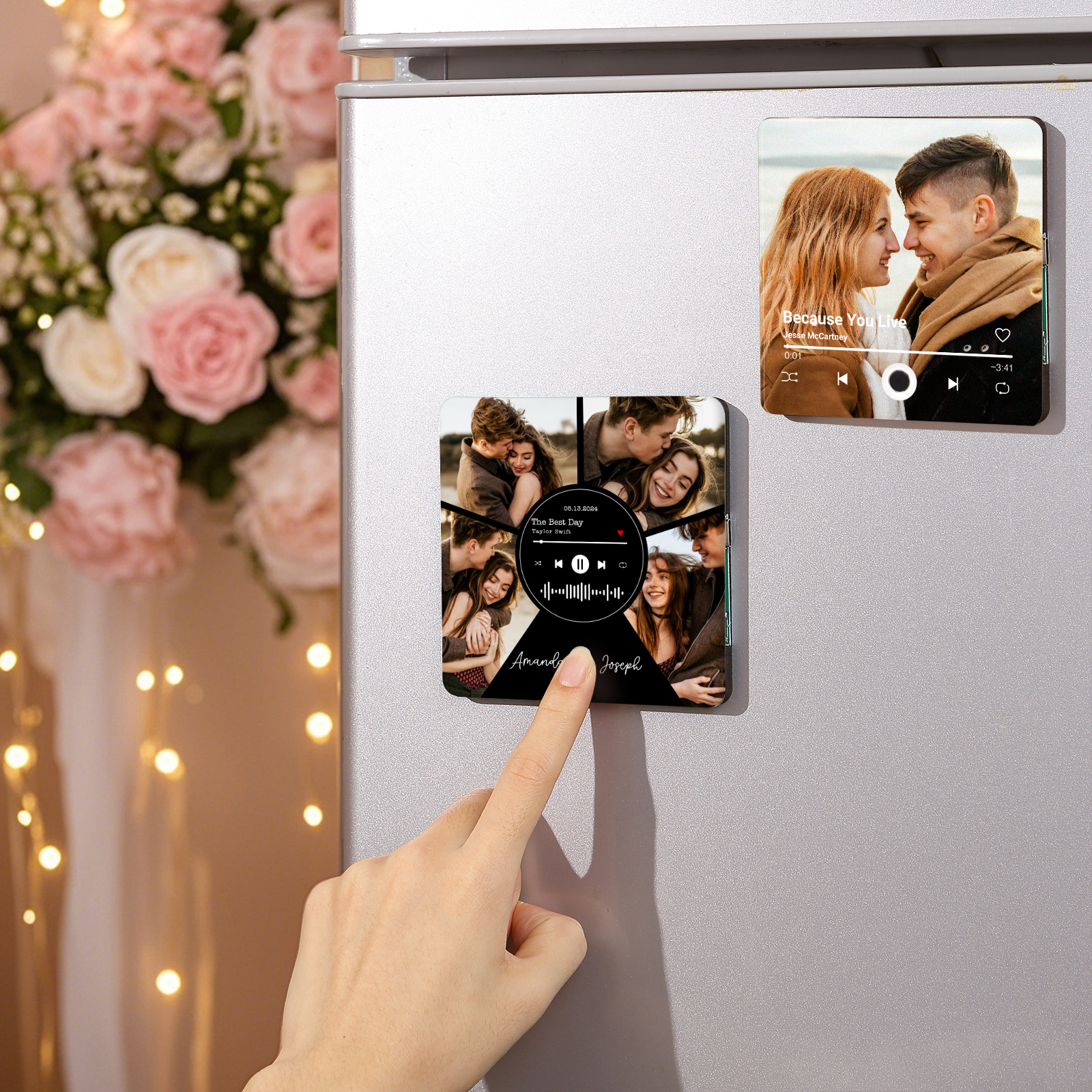 Personalized Music Refrigerator Sticker with 4 Photos, 2 Names, 1 Date, and Favorite Song – Valentine's Day Gift for Him/Her | Jessemade