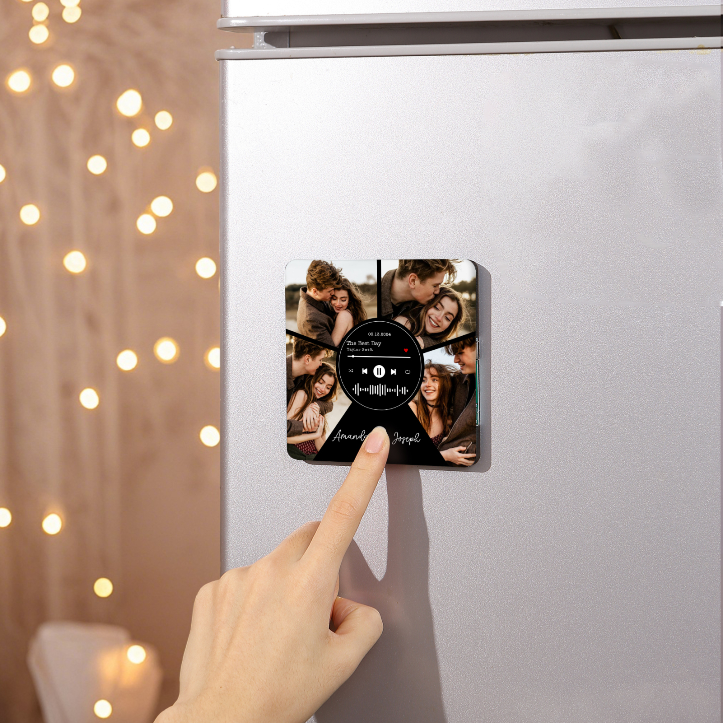 Personalized Music Refrigerator Sticker with 4 Photos, 2 Names, 1 Date, and Favorite Song – Valentine's Day Gift for Him/Her | Jessemade