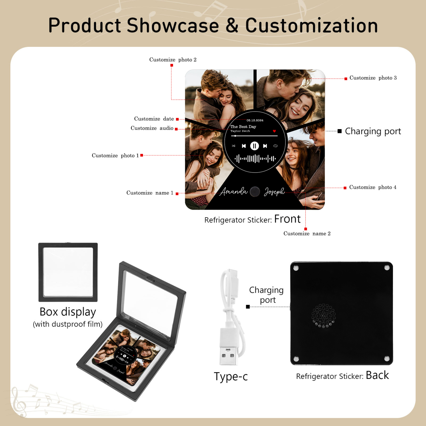 Personalized Music Refrigerator Sticker with 4 Photos, 2 Names, 1 Date, and Favorite Song – Valentine's Day Gift for Him/Her | Jessemade