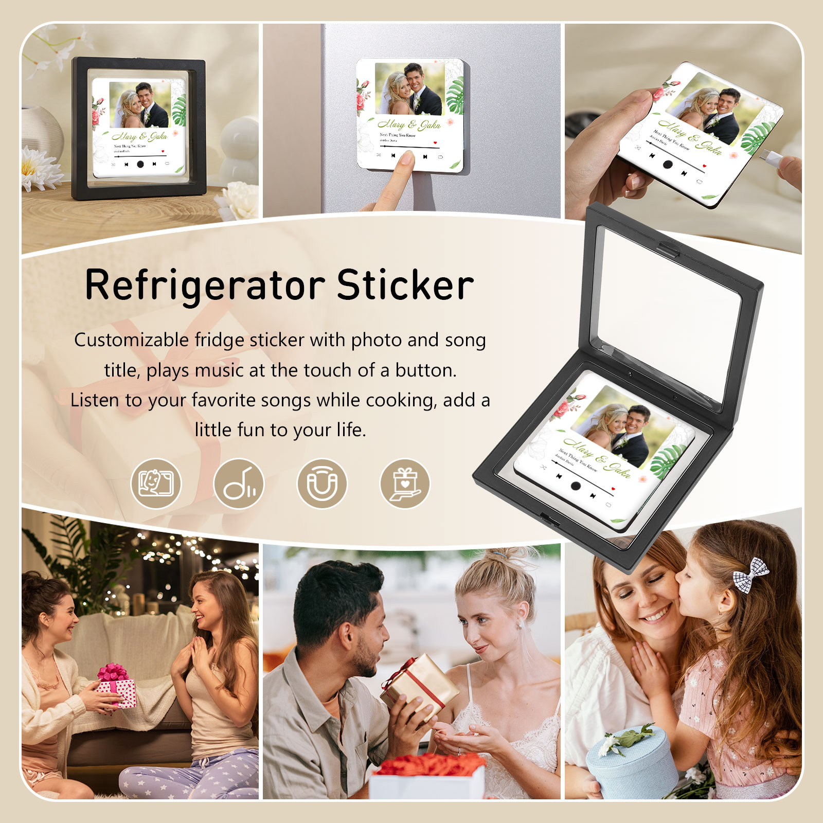 Personalized Music Fridge Sticker with 2 Names, 1 Photo & 1 Song – Romantic Valentine’s Day Gift for Him/Her | Jessemade