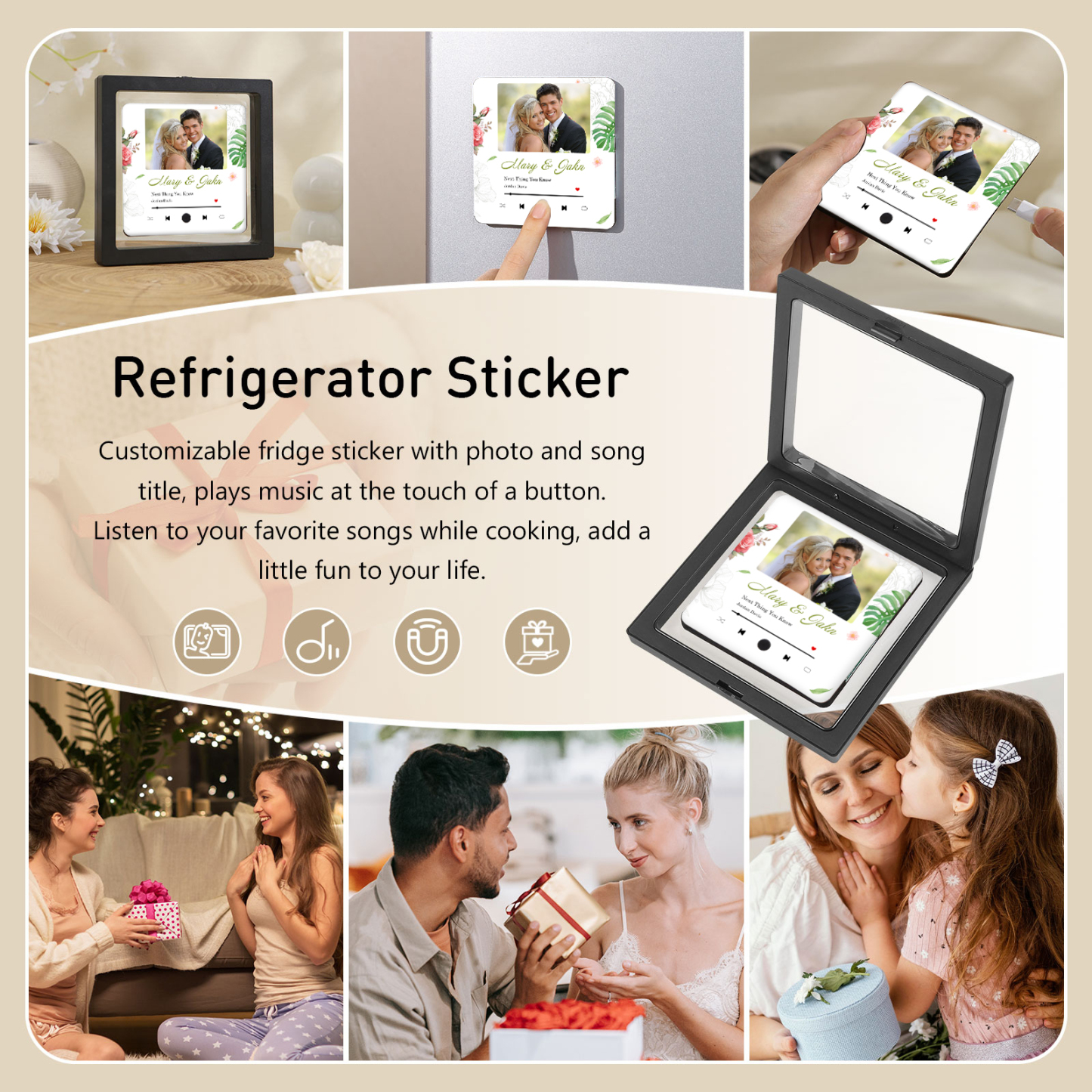 Personalized Music Fridge Sticker with 2 Names, 1 Photo & 1 Song – Romantic Valentine’s Day Gift for Him/Her | Jessemade