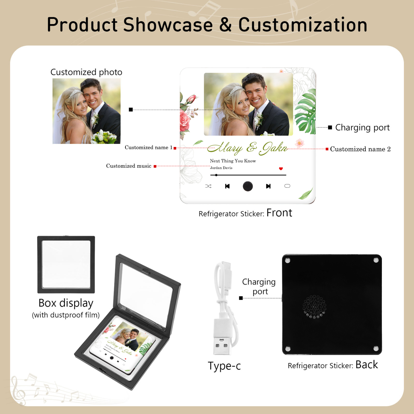 Personalized Music Fridge Sticker with 2 Names, 1 Photo & 1 Song – Romantic Valentine’s Day Gift for Him/Her | Jessemade