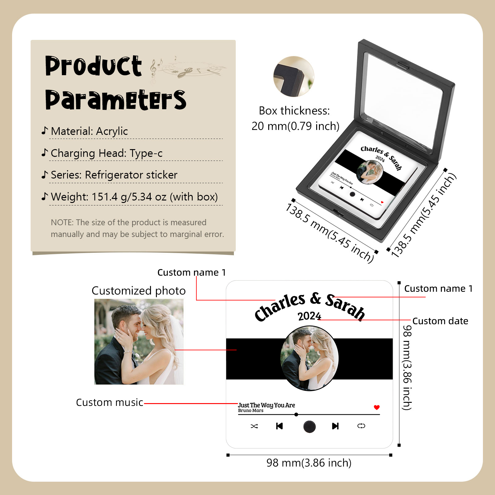 Personalized Music Fridge Sticker with 2 Names, 1 Photo & 1 Song – Romantic Valentine’s Day Gift for Him/Her | Jessemade