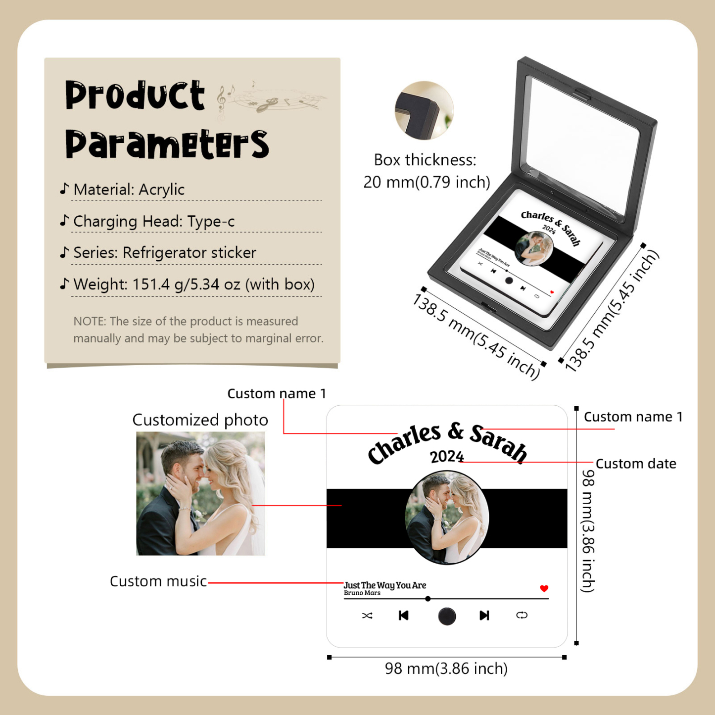 Personalized Music Fridge Sticker with 2 Names, 1 Photo & 1 Song – Romantic Valentine’s Day Gift for Him/Her | Jessemade