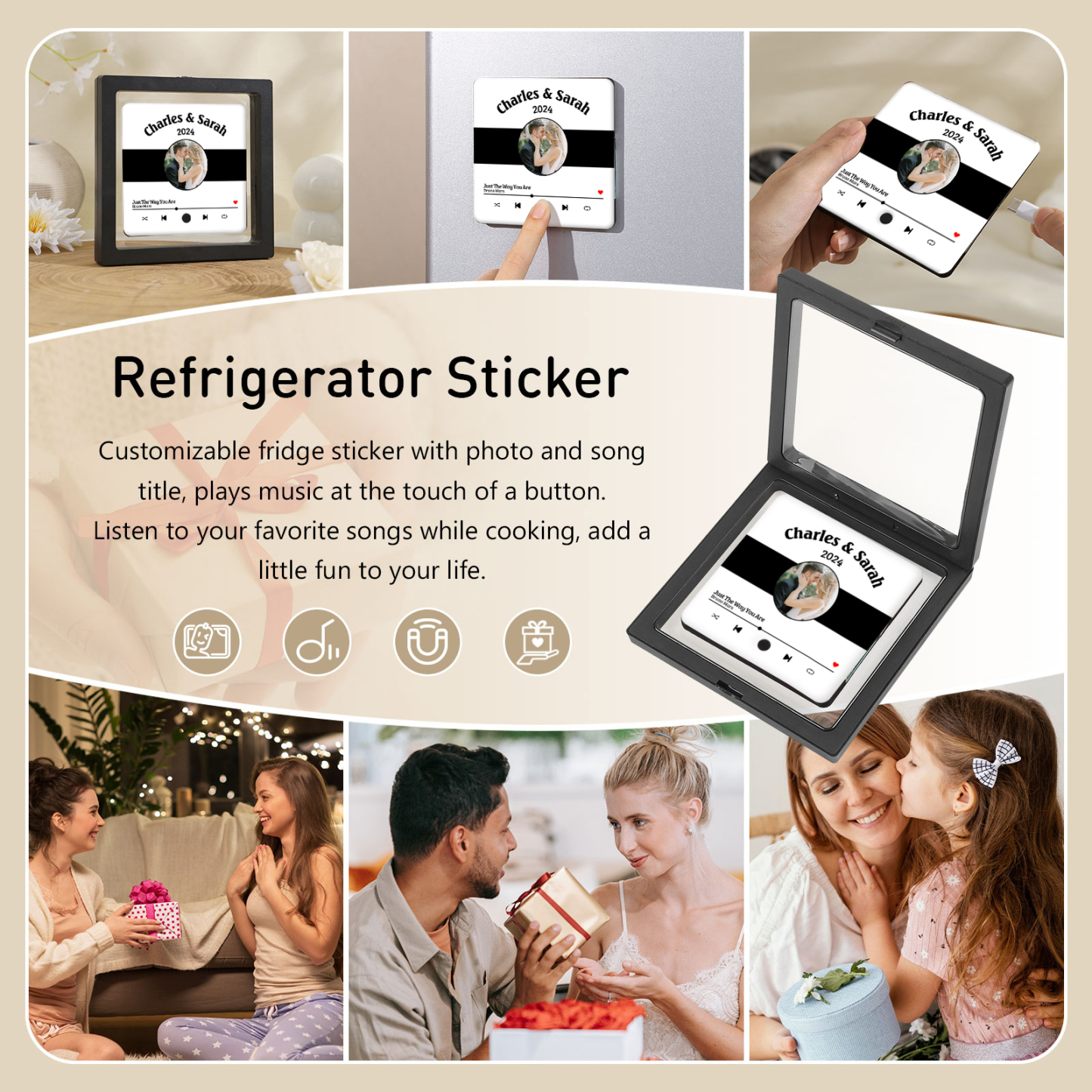 Personalized Music Fridge Sticker with 2 Names, 1 Photo & 1 Song – Romantic Valentine’s Day Gift for Him/Her | Jessemade