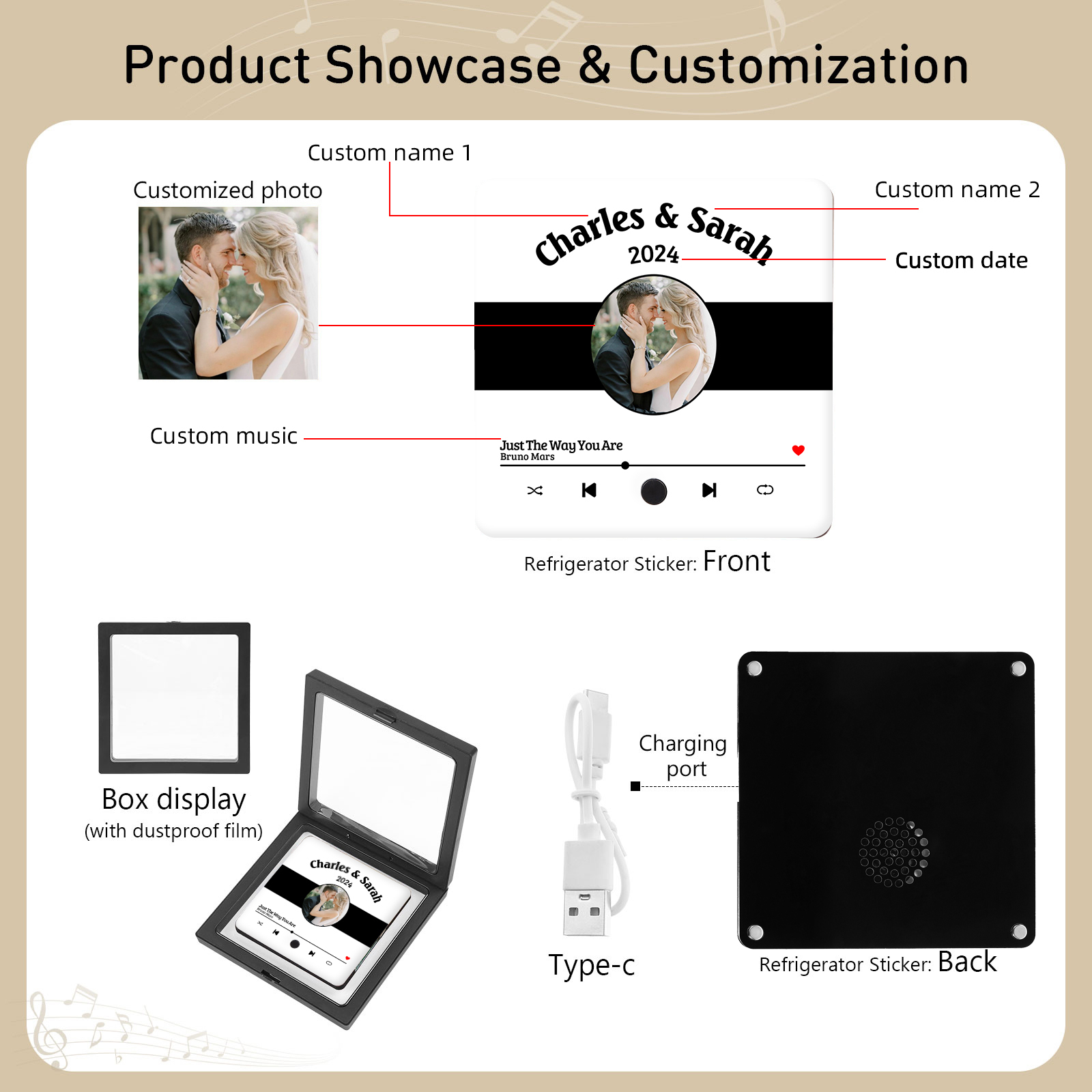 Personalized Music Fridge Sticker with 2 Names, 1 Photo & 1 Song – Romantic Valentine’s Day Gift for Him/Her | Jessemade