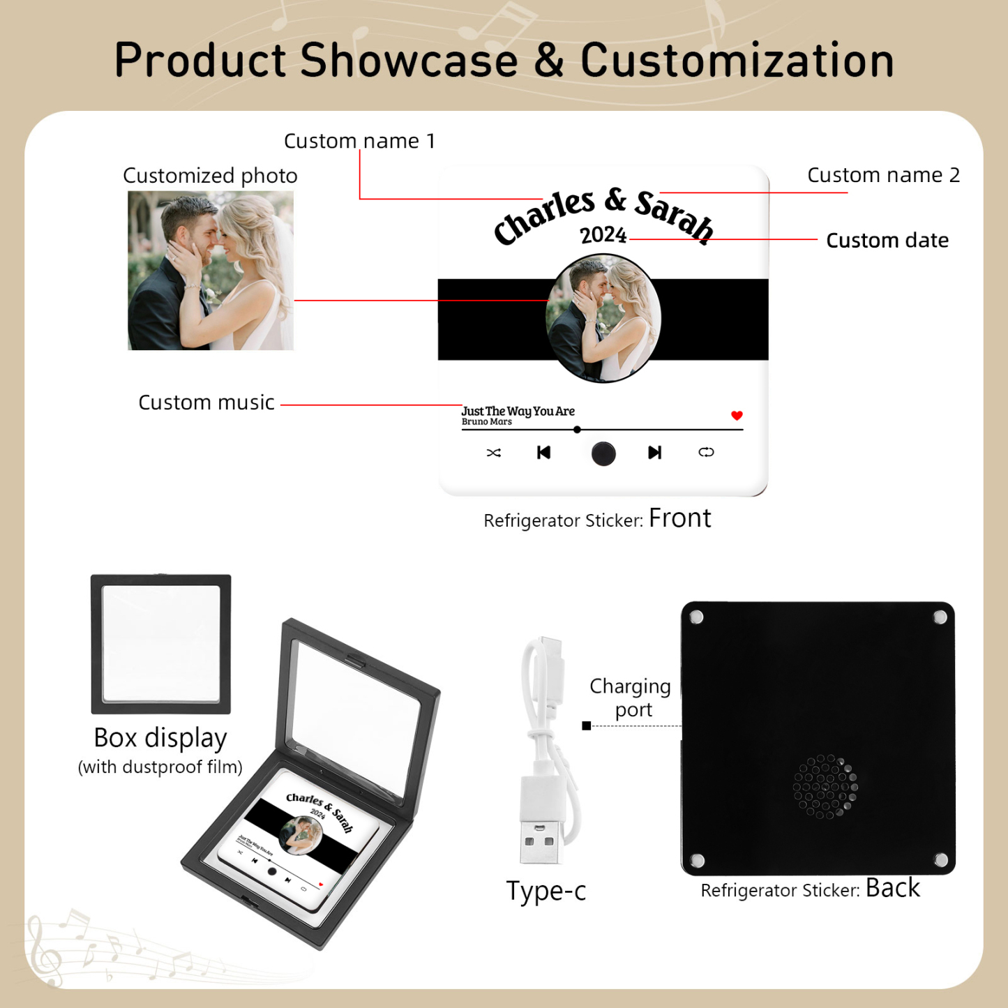 Personalized Music Fridge Sticker with 2 Names, 1 Photo & 1 Song – Romantic Valentine’s Day Gift for Him/Her | Jessemade