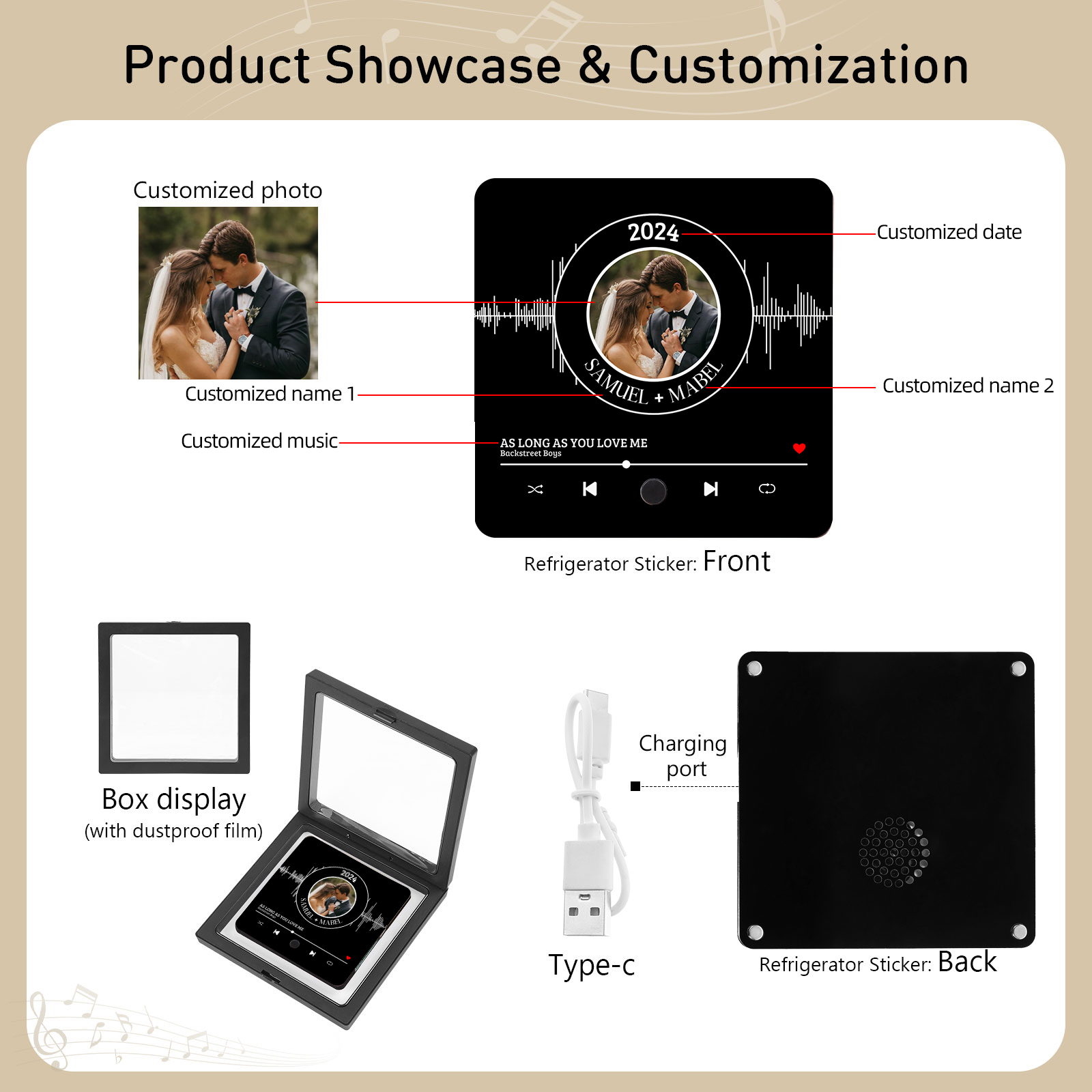 Personalized Music Fridge Magnet with 2 Names, 1 Photo & 1 Song – Valentine’s Day Gift for Him | Jessemade