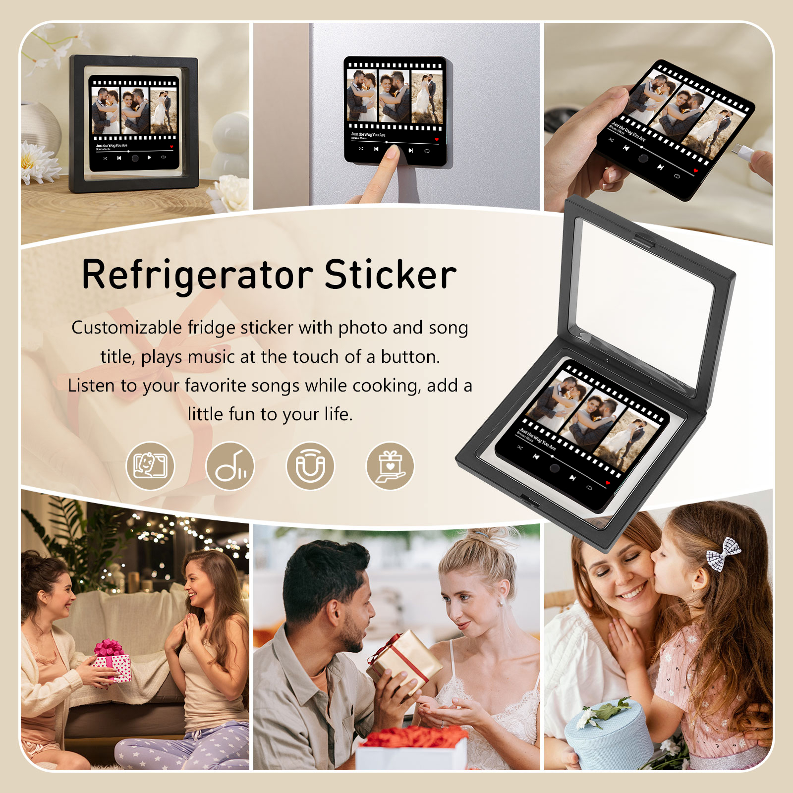 Personalized Music Refrigerator Sticker – Custom 3 Photos & 1 Song | Valentine’s Day Gift for Him/Her | Jessemade