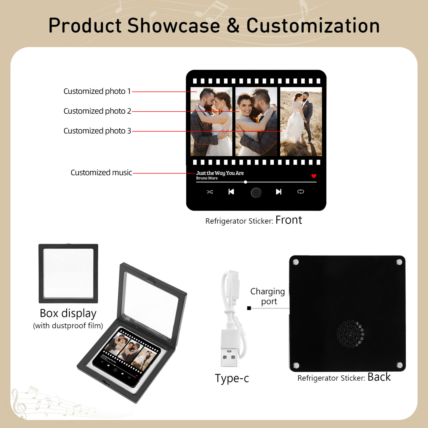 Personalized Music Refrigerator Sticker – Custom 3 Photos & 1 Song | Valentine’s Day Gift for Him/Her | Jessemade