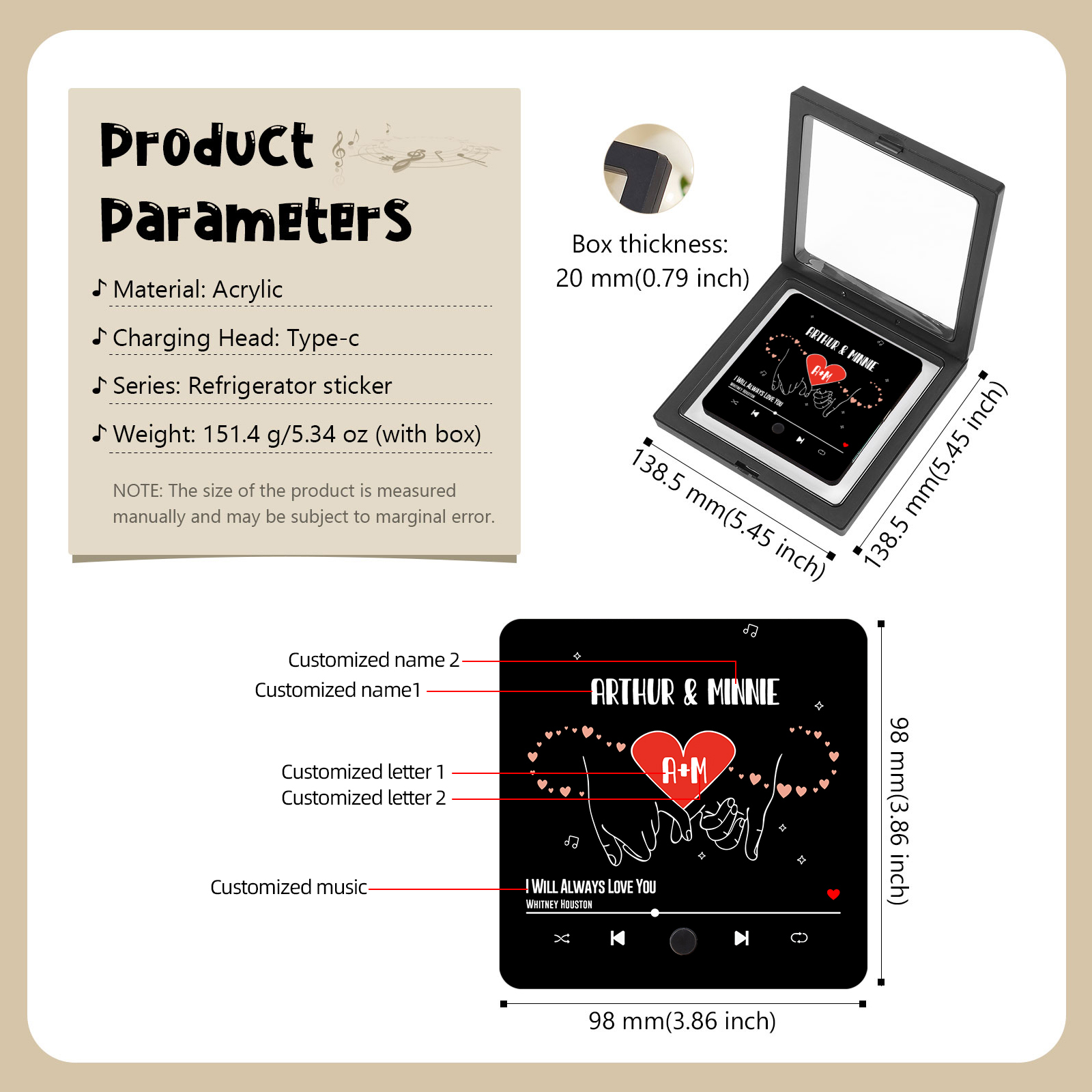 Personalized Music Fridge Magnet with 2 Names, 2 Letters & Song | Valentine’s Day Gift for Him/Her | Jessemade