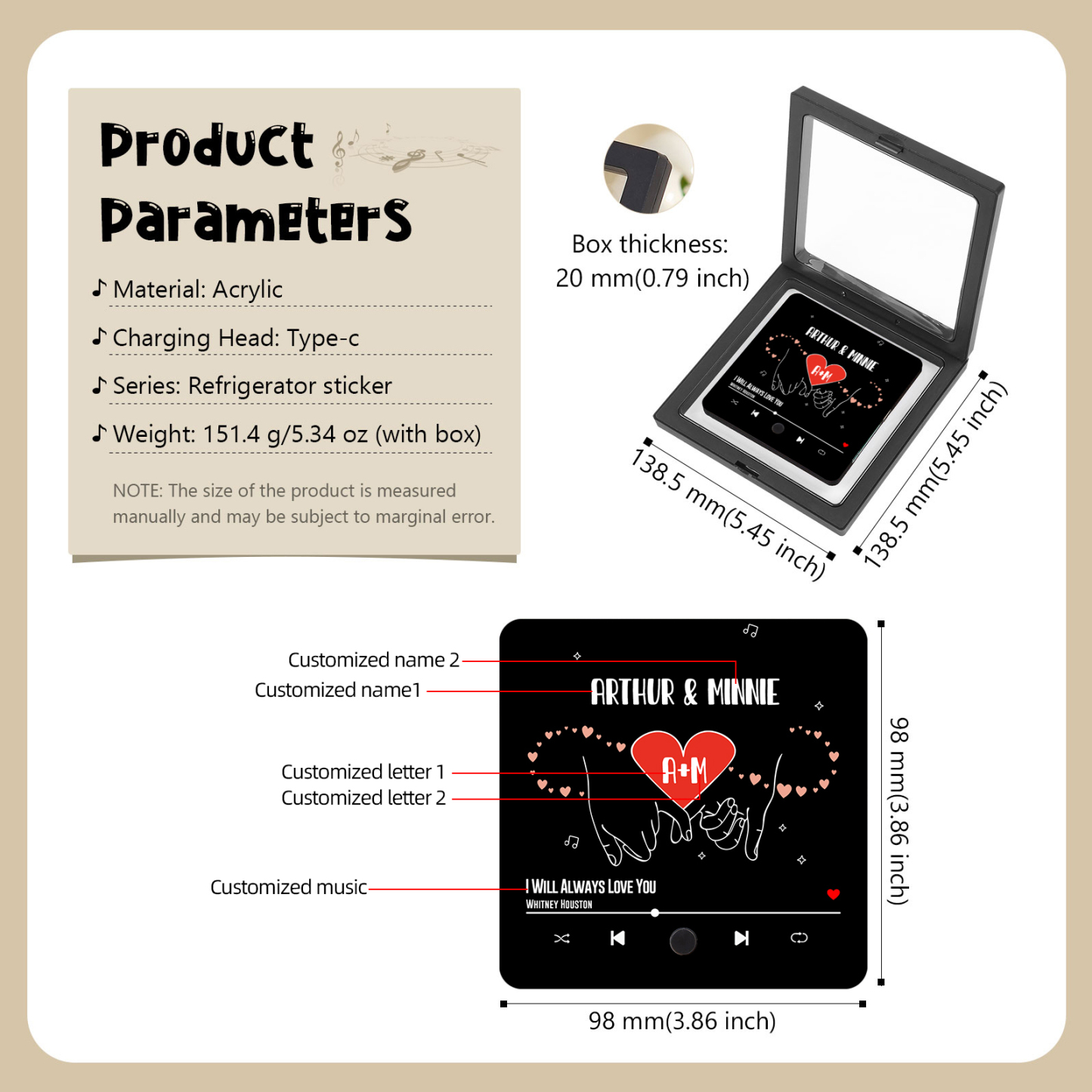 Personalized Music Fridge Magnet with 2 Names, 2 Letters & Song | Valentine’s Day Gift for Him/Her | Jessemade