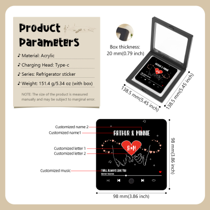 Personalized Music Fridge Magnet with 2 Names, 2 Letters & Song | Valentine’s Day Gift for Him/Her | Jessemade