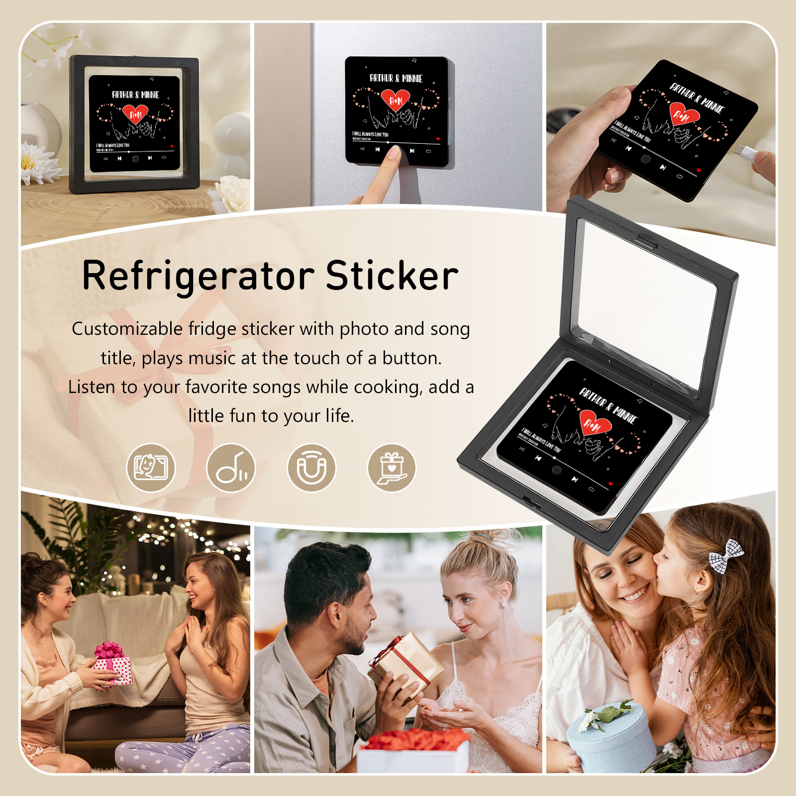 Personalized Music Fridge Magnet with 2 Names, 2 Letters & Song | Valentine’s Day Gift for Him/Her | Jessemade