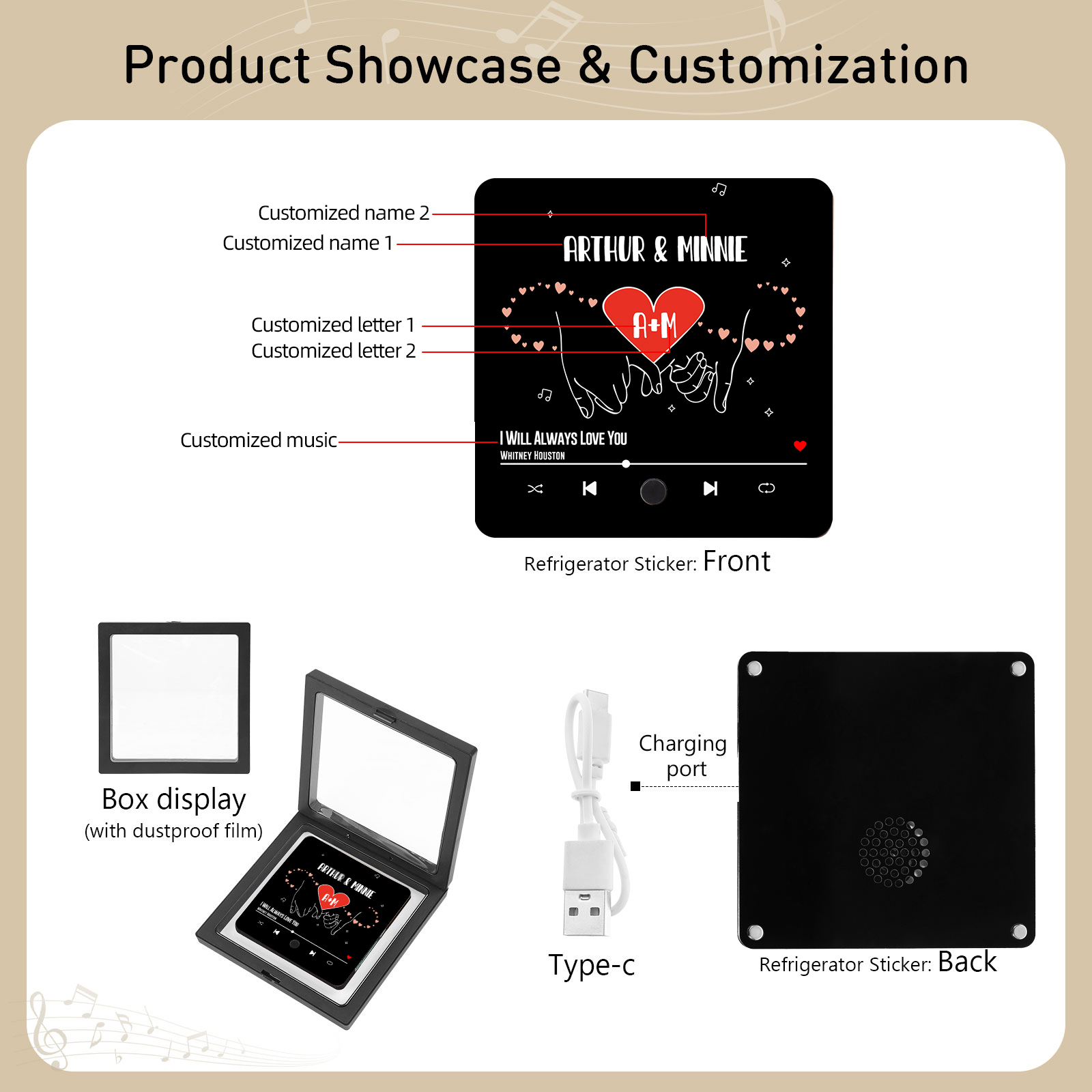 Personalized Music Fridge Magnet with 2 Names, 2 Letters & Song | Valentine’s Day Gift for Him/Her | Jessemade