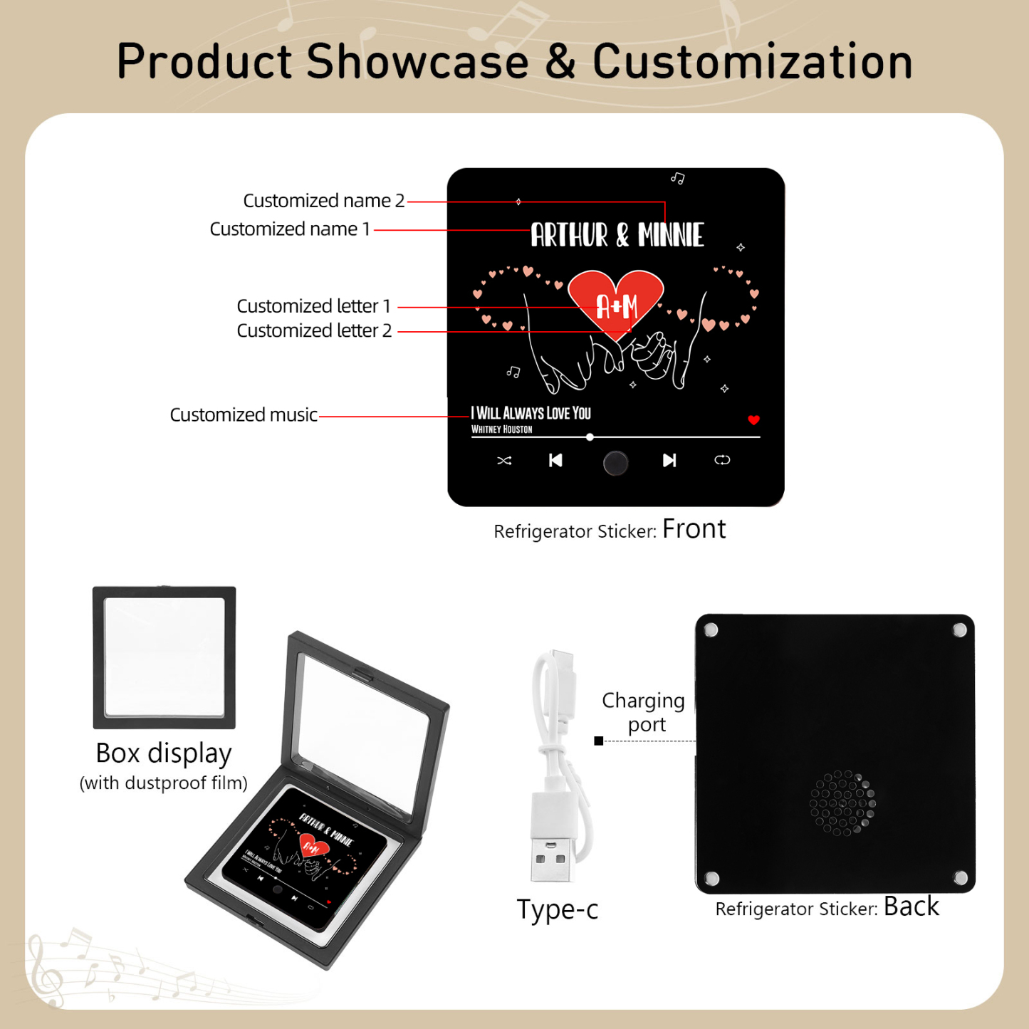 Personalized Music Fridge Magnet with 2 Names, 2 Letters & Song | Valentine’s Day Gift for Him/Her | Jessemade