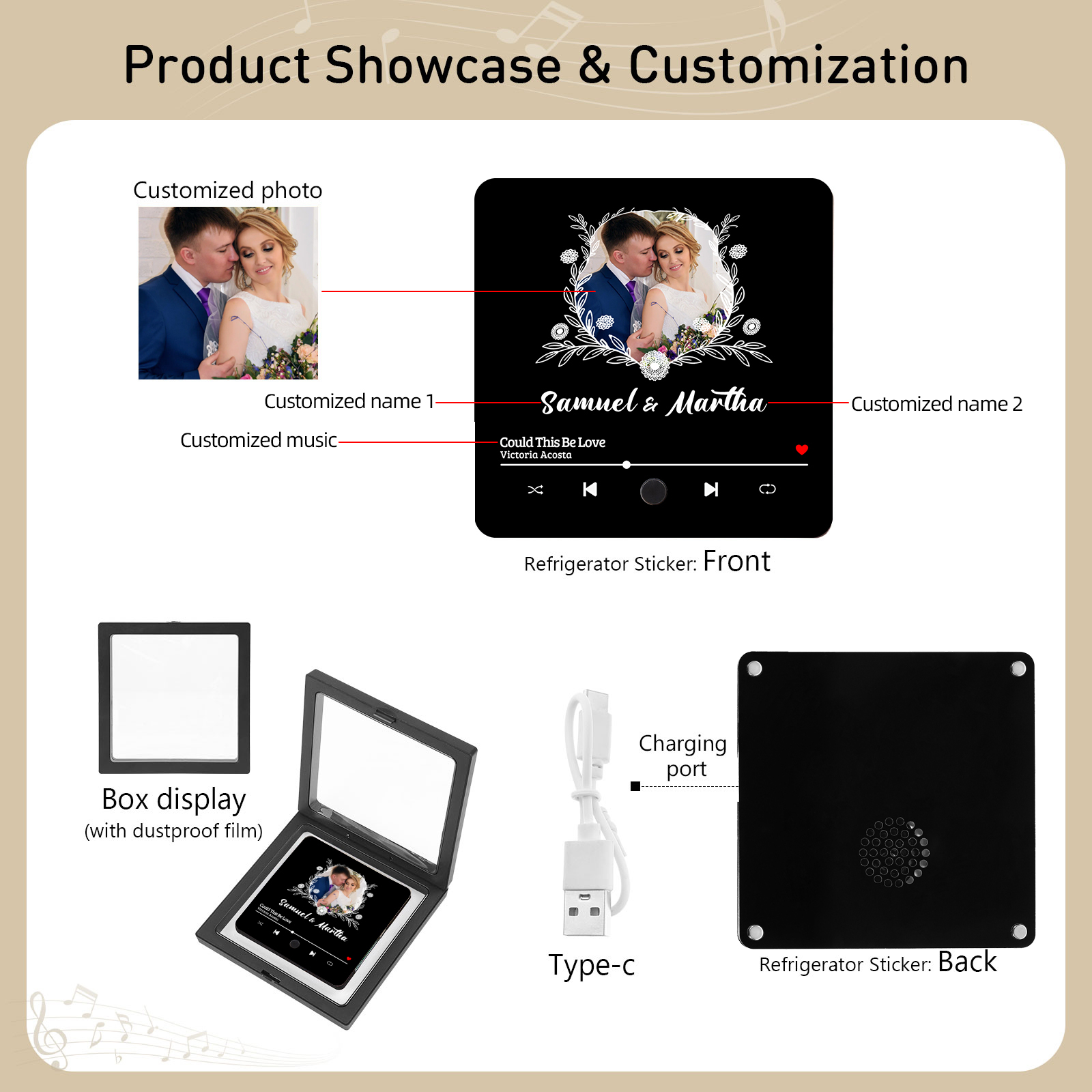 Personalized Music Fridge Magnet with Custom Photo, 2 Names & Song – Perfect Valentine’s Day Gift for Him/Her | Jessemade