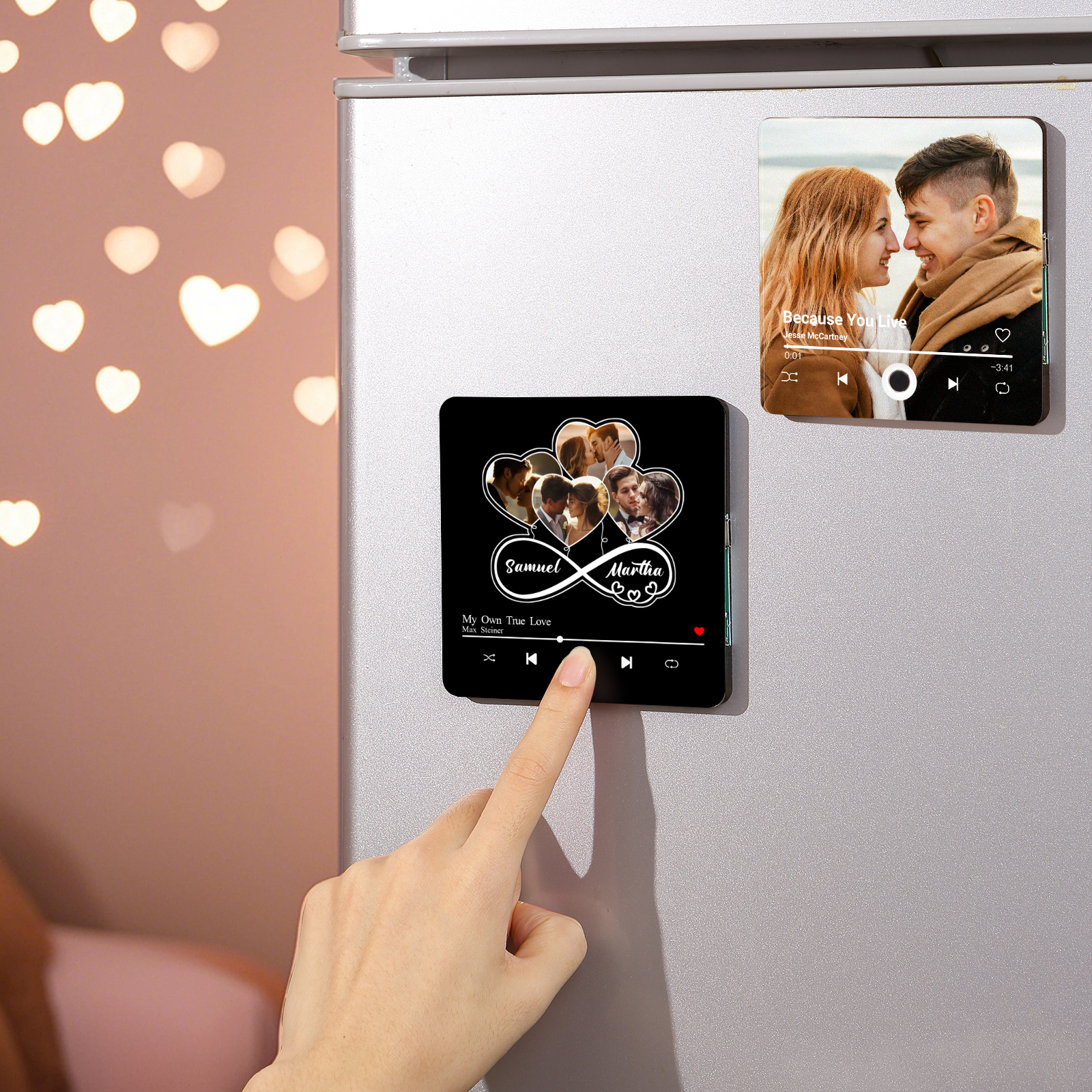 Personalized Music Fridge Magnet – Custom 4 Photos, 2 Names & Favorite Song | Valentine’s Day Gift for Him/Her | Jessemade