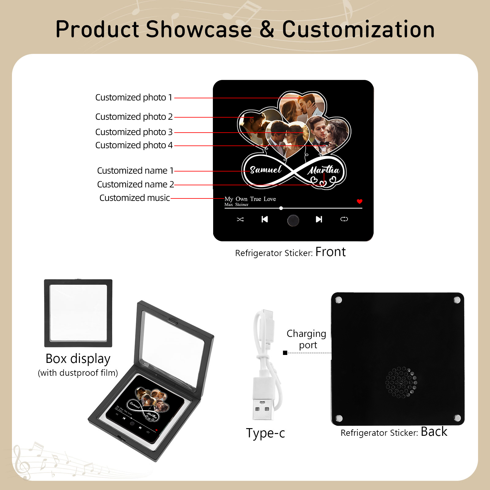 Personalized Music Fridge Magnet – Custom 4 Photos, 2 Names & Favorite Song | Valentine’s Day Gift for Him/Her | Jessemade