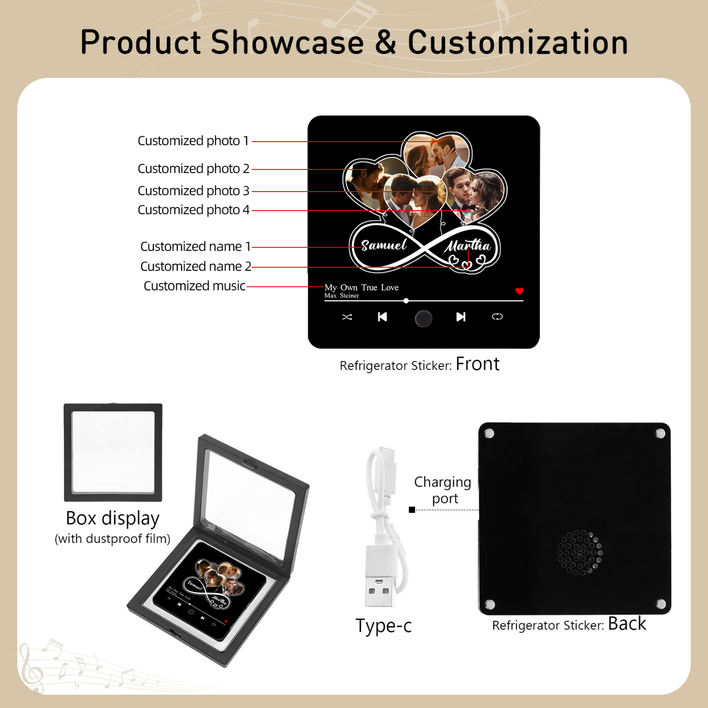 Personalized Music Fridge Magnet – Custom 4 Photos, 2 Names & Favorite Song | Valentine’s Day Gift for Him/Her | Jessemade