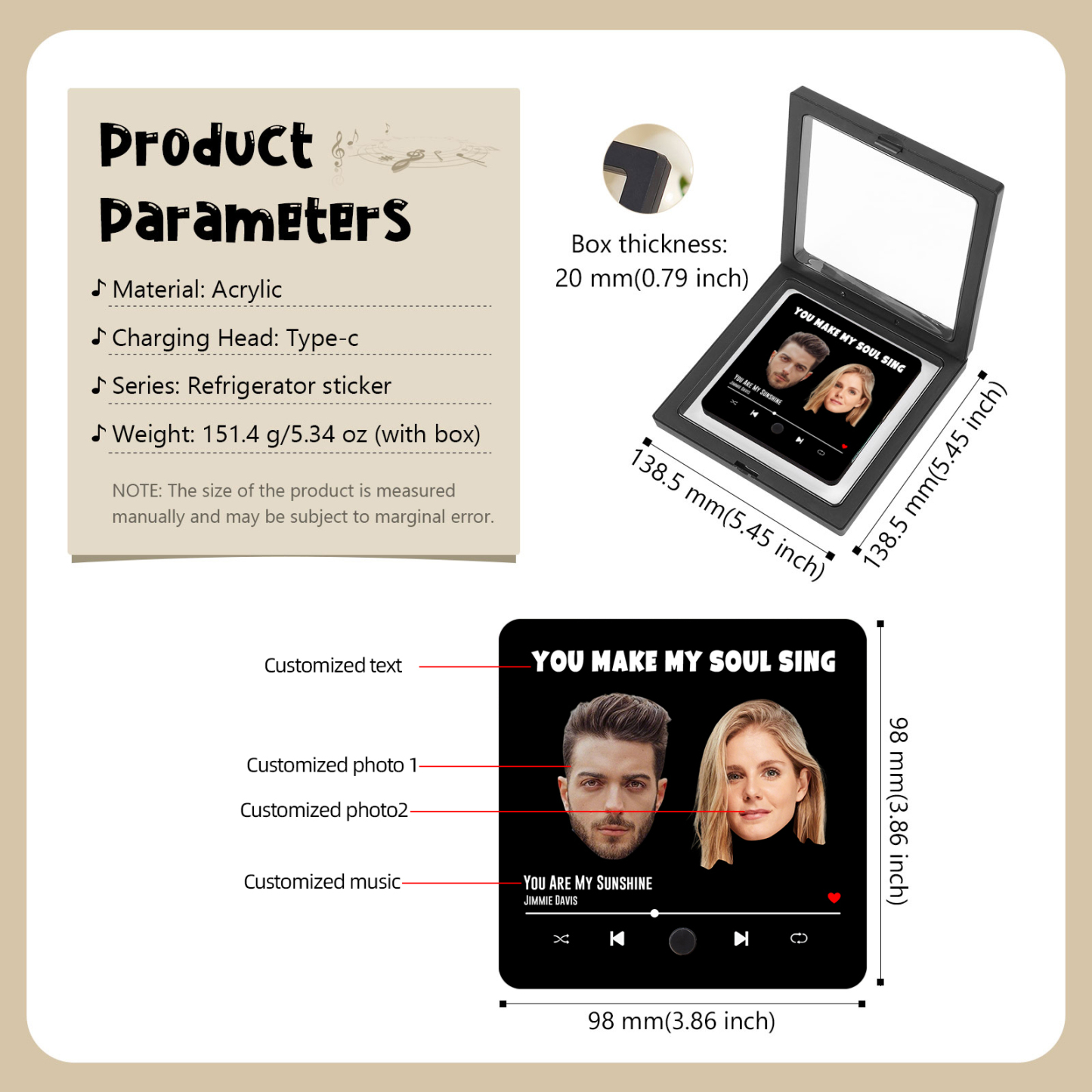 Personalized Music Fridge Magnet with Custom 2 Photo, 1 Text & Song – Valentine’s Day Gift for Him/Her | Jessemade