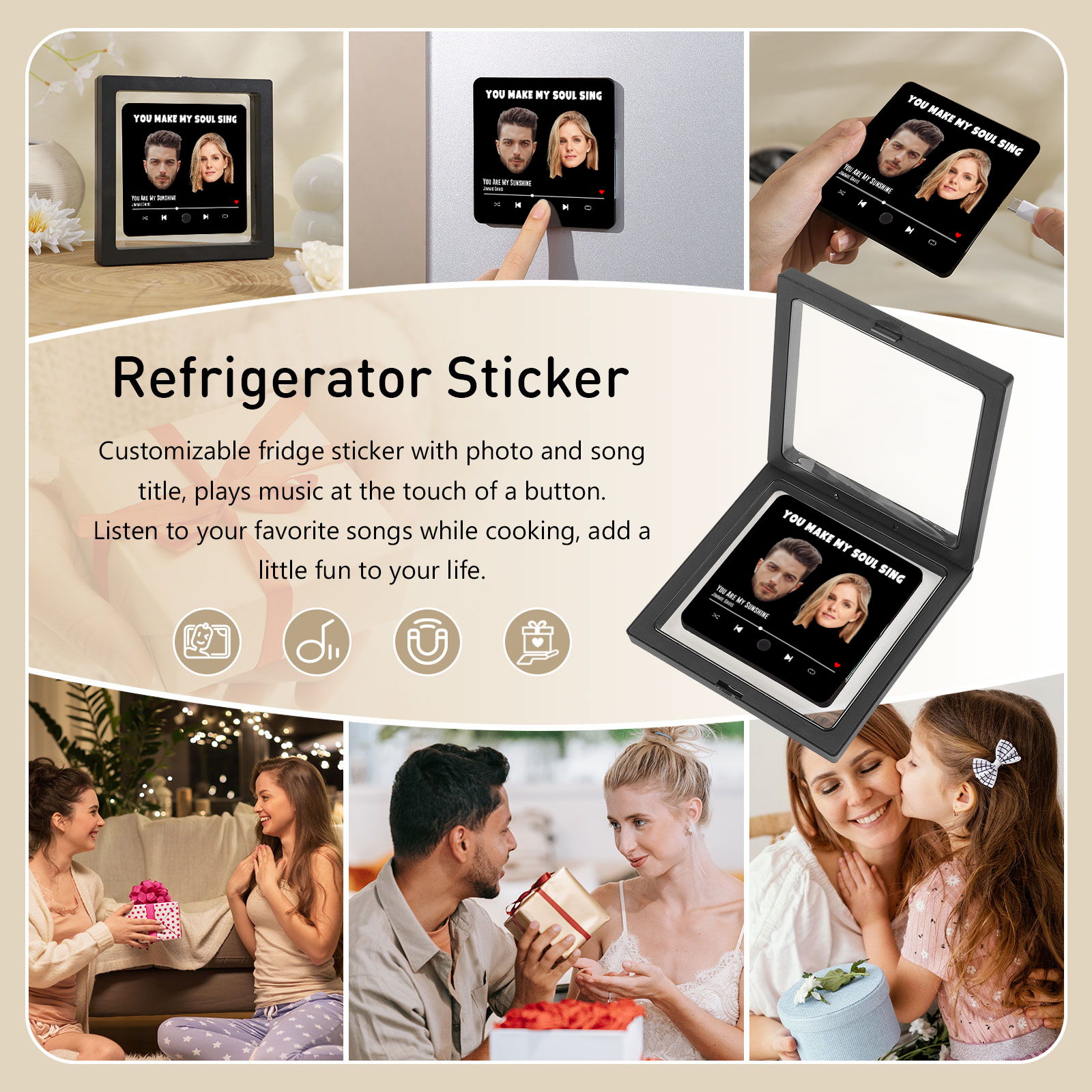 Personalized Music Fridge Magnet with Custom 2 Photo, 1 Text & Song – Valentine’s Day Gift for Him/Her | Jessemade