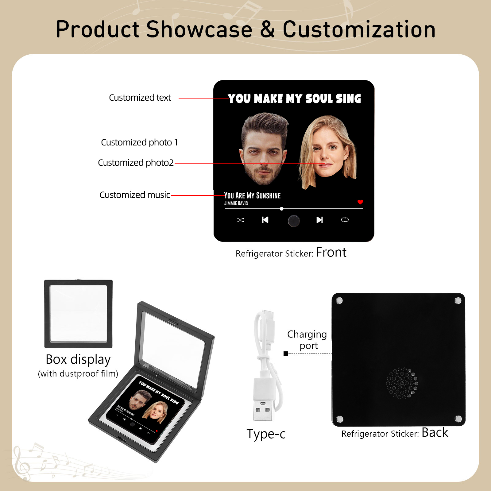 Personalized Music Fridge Magnet with Custom 2 Photo, 1 Text & Song – Valentine’s Day Gift for Him/Her | Jessemade