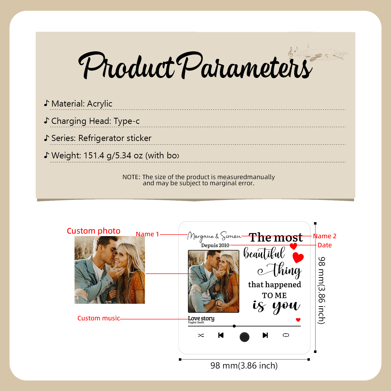 Personalised Music Fridge Magnet with 2 Names, 1 Photo, 1 Year & 1 Favorite Song – "The Most Beautiful Thing That Happened to Me Is You" - Valentine’s Day Gift for Him/Her | Jessemade