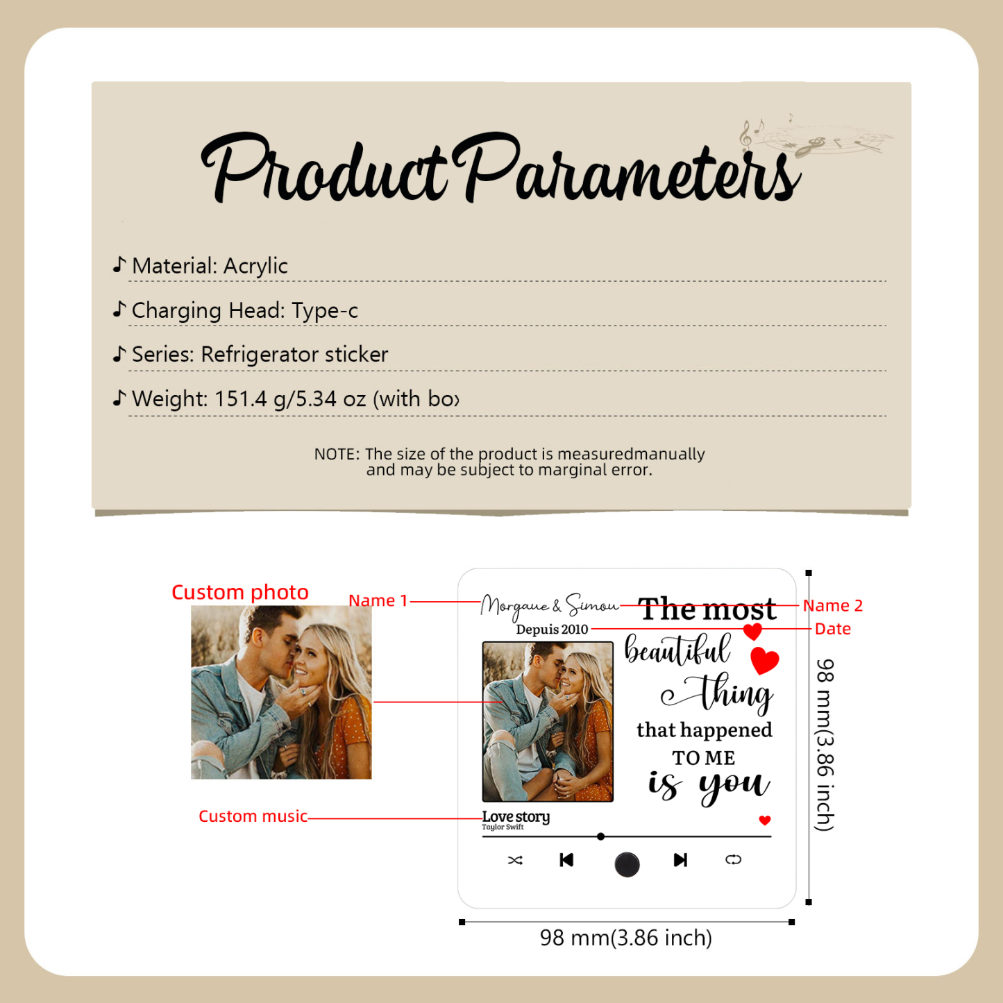 Personalised Music Fridge Magnet with 2 Names, 1 Photo, 1 Year & 1 Favorite Song – "The Most Beautiful Thing That Happened to Me Is You" - Valentine’s Day Gift for Him/Her | Jessemade