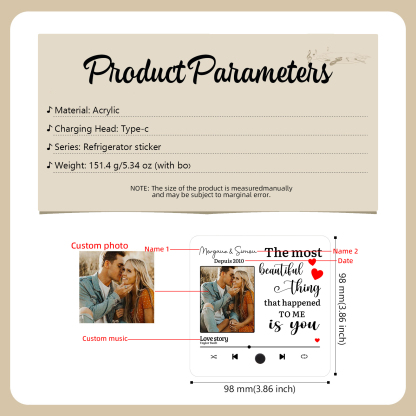 Personalised Music Fridge Magnet with 2 Names, 1 Photo, 1 Year & 1 Favorite Song – "The Most Beautiful Thing That Happened to Me Is You" - Valentine’s Day Gift for Him/Her | Jessemade