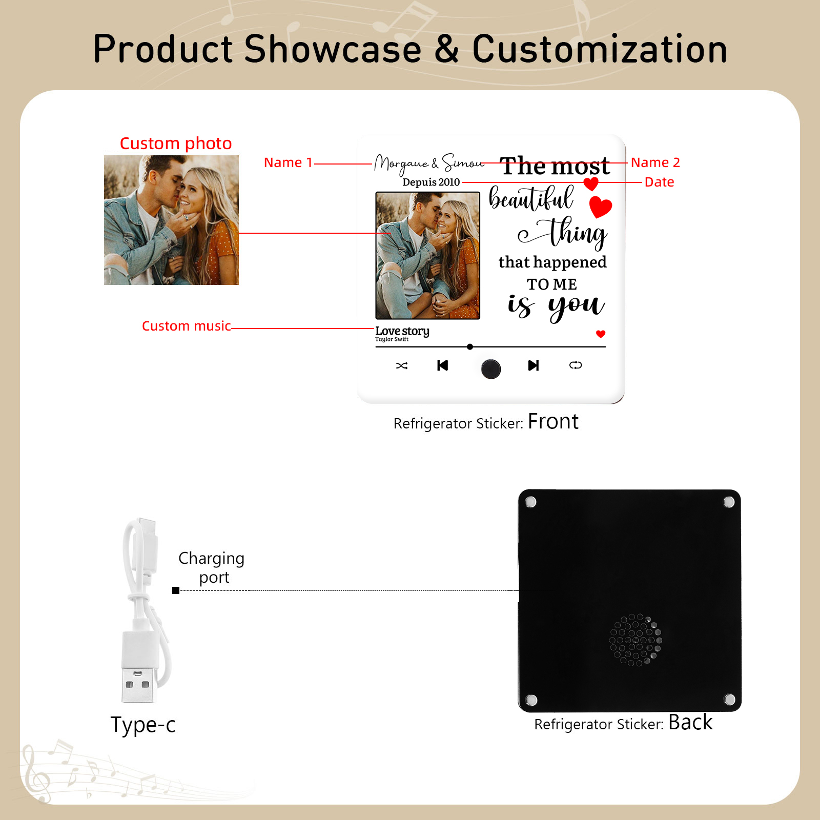 Personalised Music Fridge Magnet with 2 Names, 1 Photo, 1 Year & 1 Favorite Song – "The Most Beautiful Thing That Happened to Me Is You" - Valentine’s Day Gift for Him/Her | Jessemade