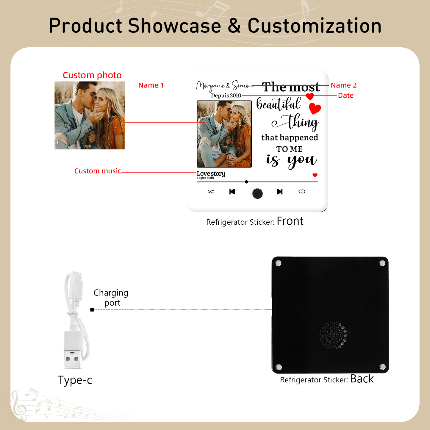 Personalised Music Fridge Magnet with 2 Names, 1 Photo, 1 Year & 1 Favorite Song – "The Most Beautiful Thing That Happened to Me Is You" - Valentine’s Day Gift for Him/Her | Jessemade